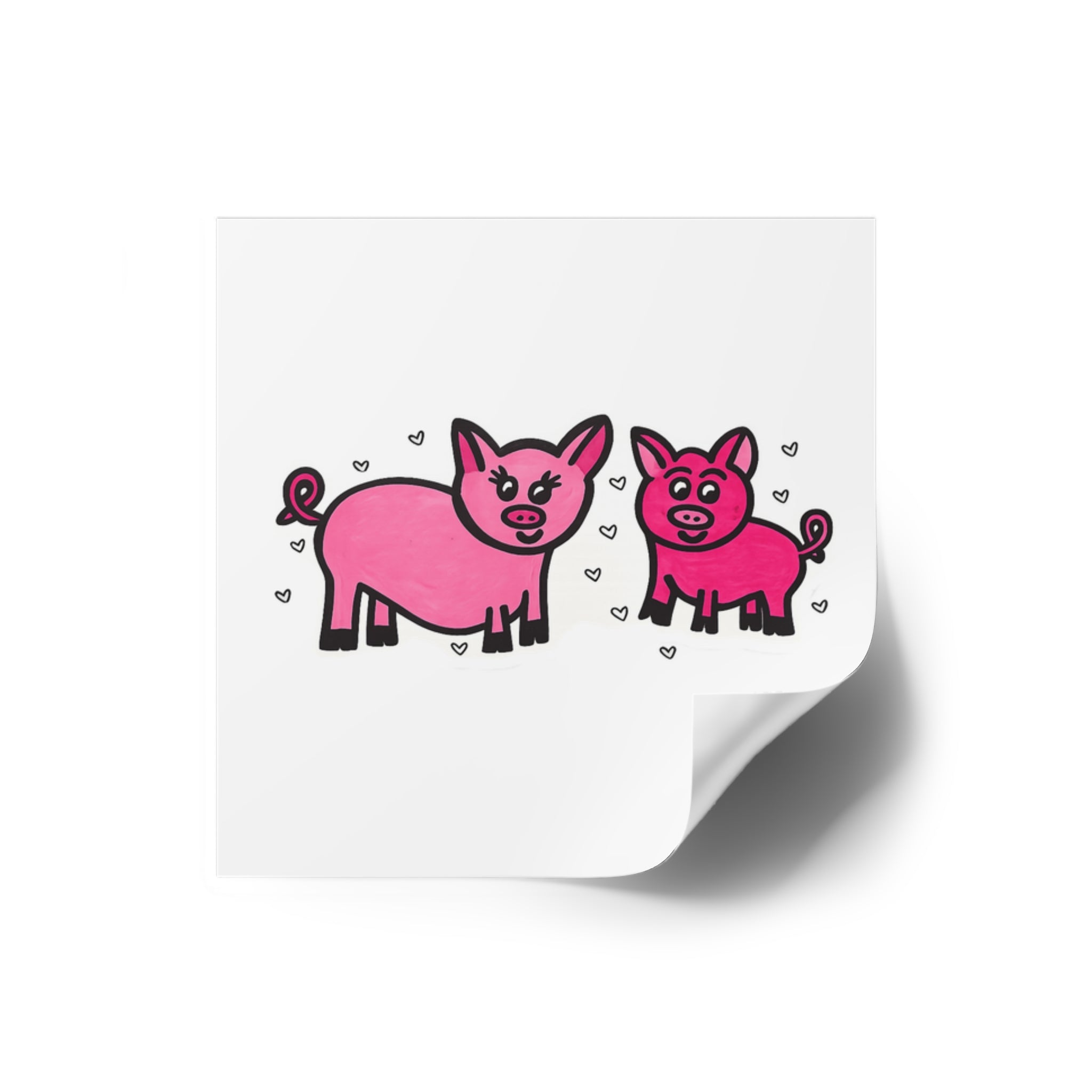 Hand-Drawn Pink Pig Duo Stickers | Square Indoor-Outdoor Sticker