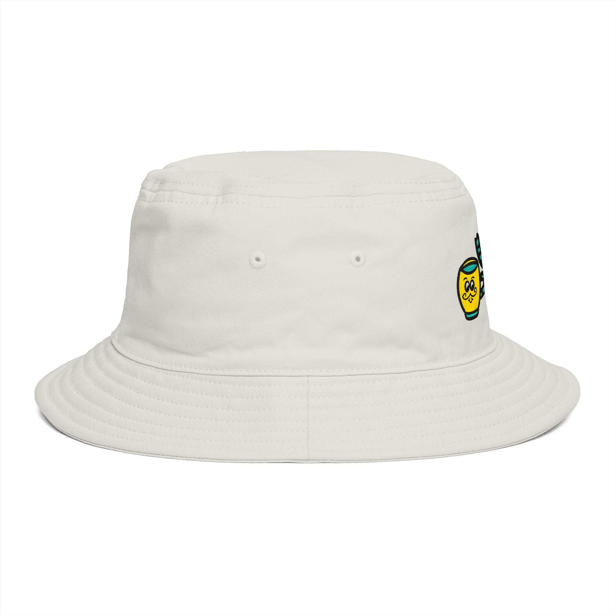 Hand-Drawn Yellow and Teal Mustache Teapot and Cup Illustration Bucket Hat | Yellow Teapot Whimsical Hat