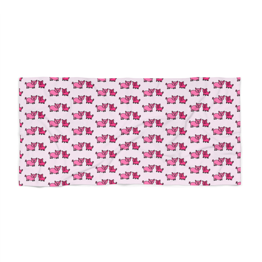 Hand-Drawn Pink Pig Pair Pattern Beach Towel | Cute Animal Repeat Print