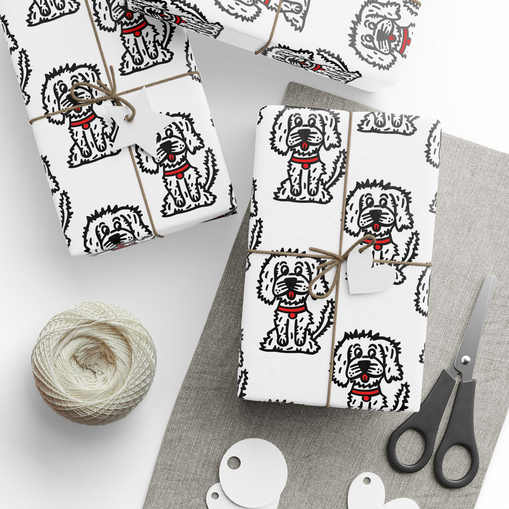 Hand-Drawn White Fluffy Dog Wrapping Paper | Red Collar
