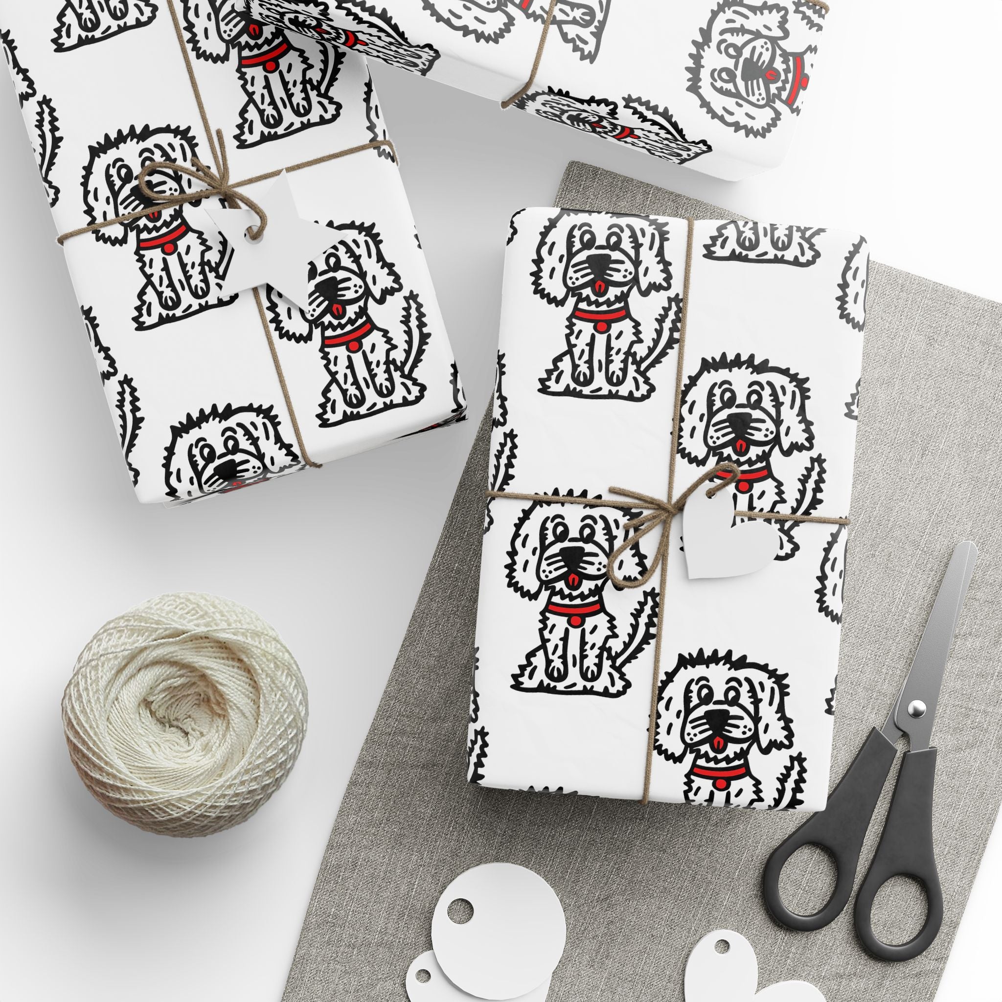 Hand-Drawn White Fluffy Dog Wrapping Paper | Red Collar