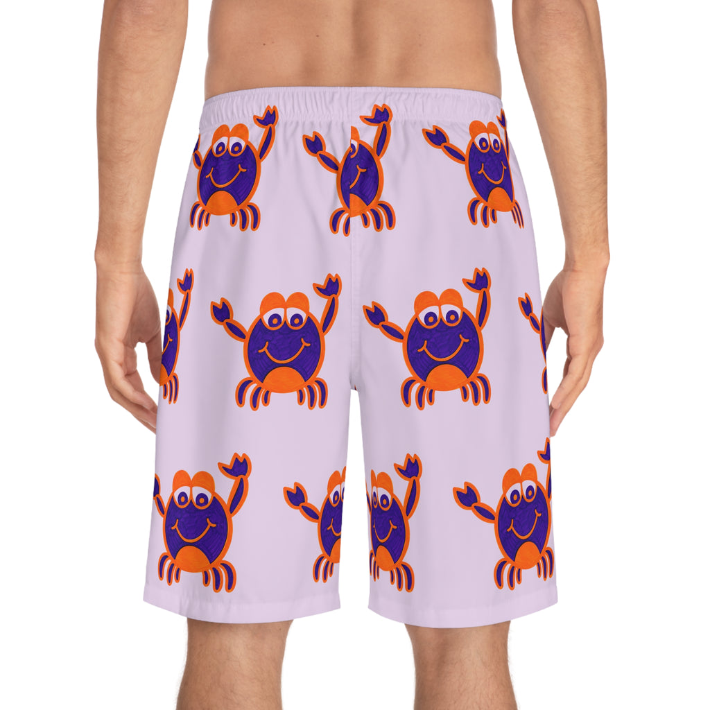 Hand-Drawn Cute Purple and Orange Crab Pattern Men's Board Shorts | All-Over Print
