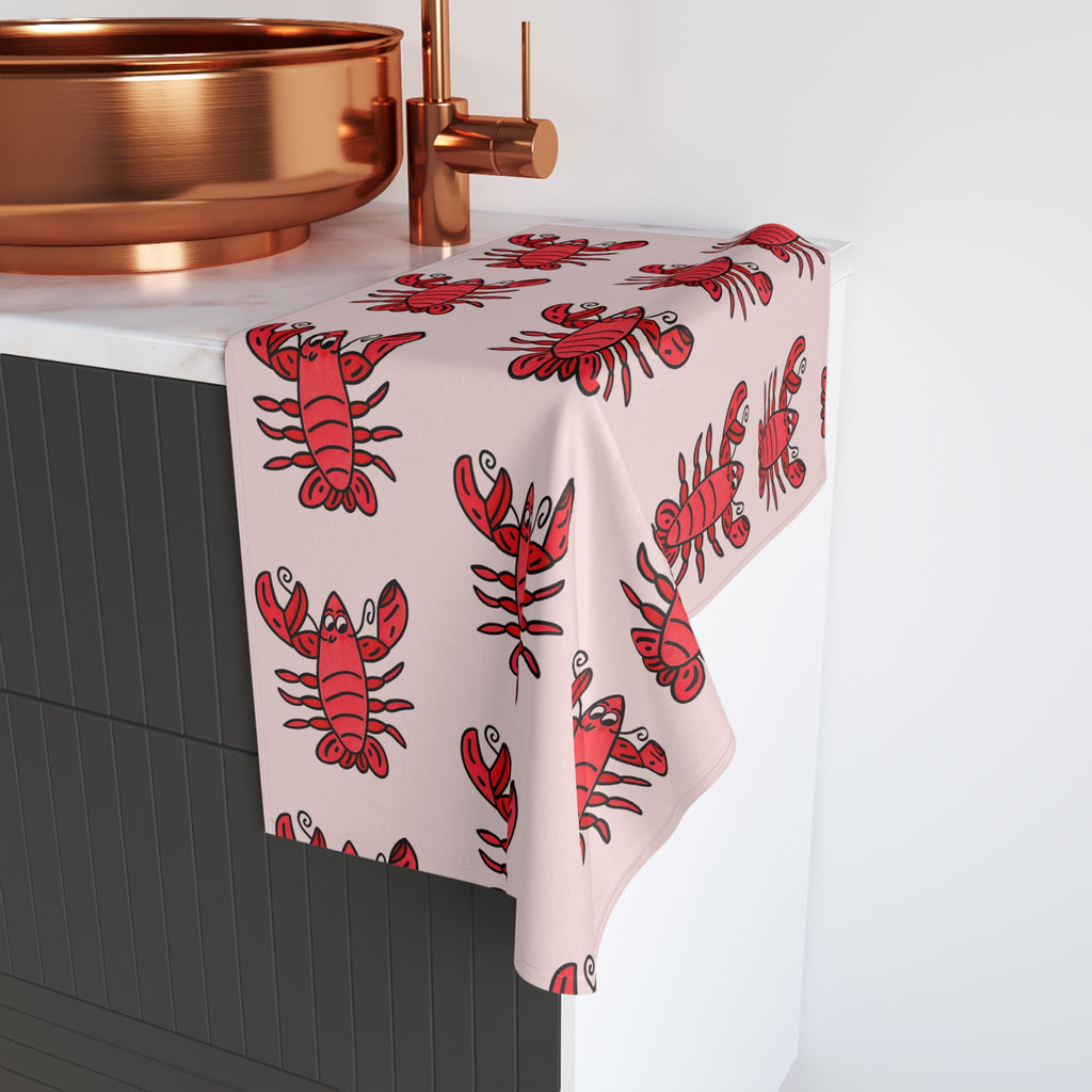 Hand-Drawn Red Lobster Pattern Hand Towel | Nautical Seafood Kitchen Towel