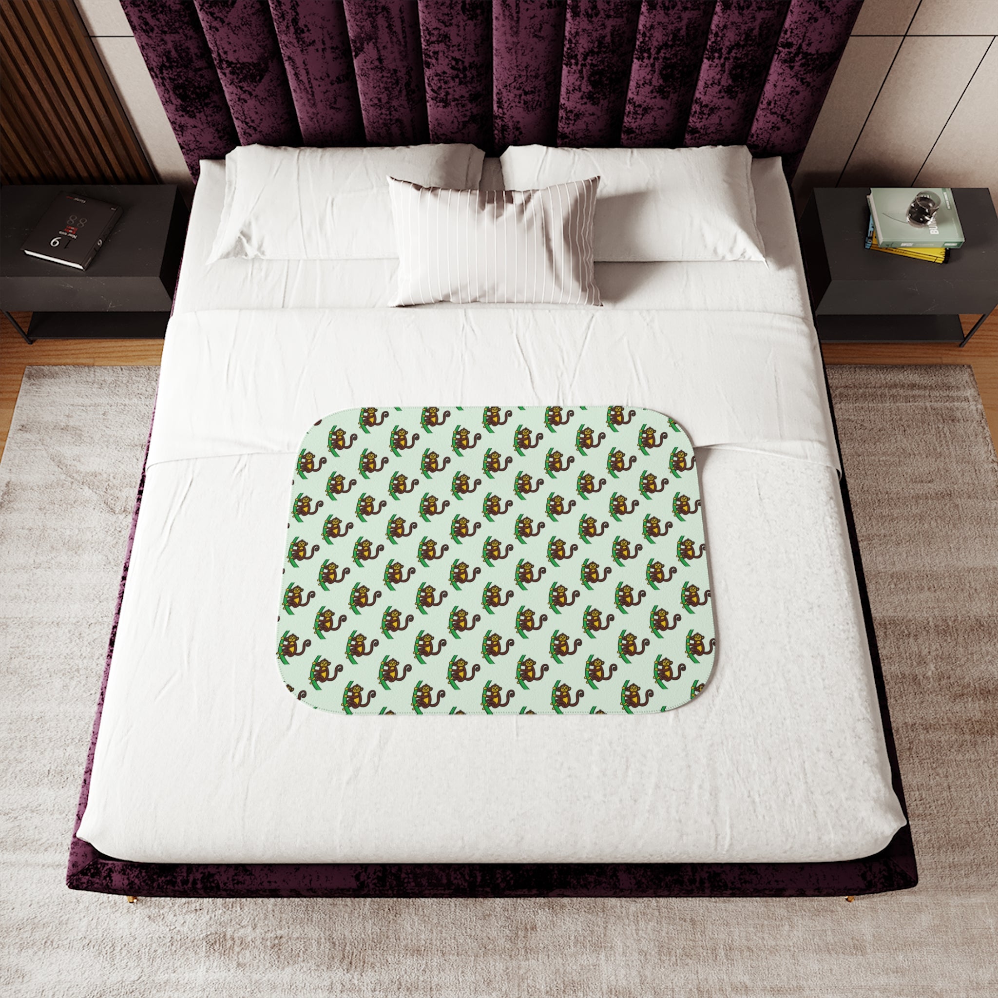 Hand-Drawn Retro Monkey Pattern Sherpa Blanket | Cute Jungle Animal Throw