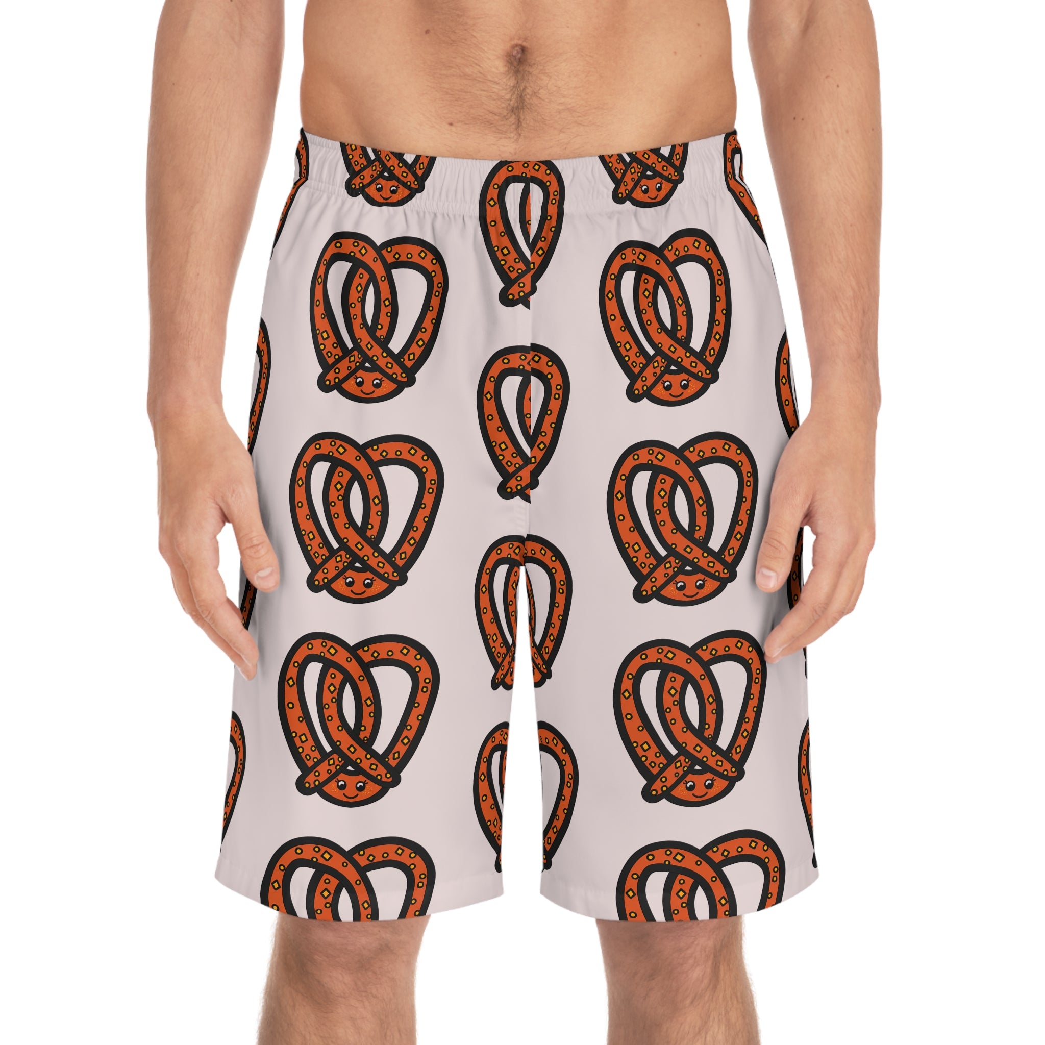 Hand-Drawn Orange and Brown Pretzel Pattern Board Shorts | All-Over Print
