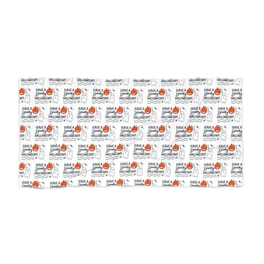 Hand-Drawn "Have a Spooky Halloween" ghosts spiders pumpkin Beach Towel