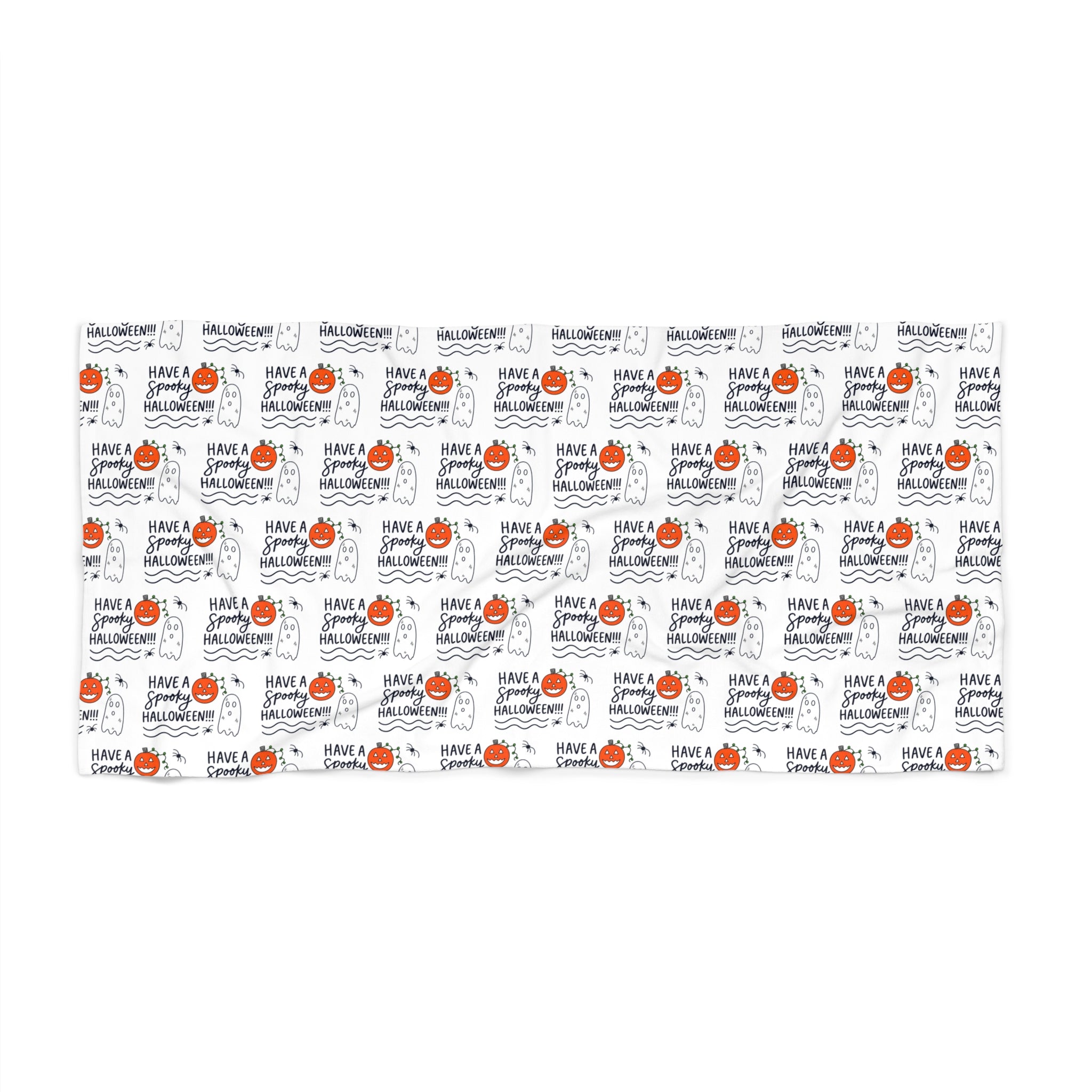 Hand-Drawn "Have a Spooky Halloween" ghosts spiders pumpkin Beach Towel
