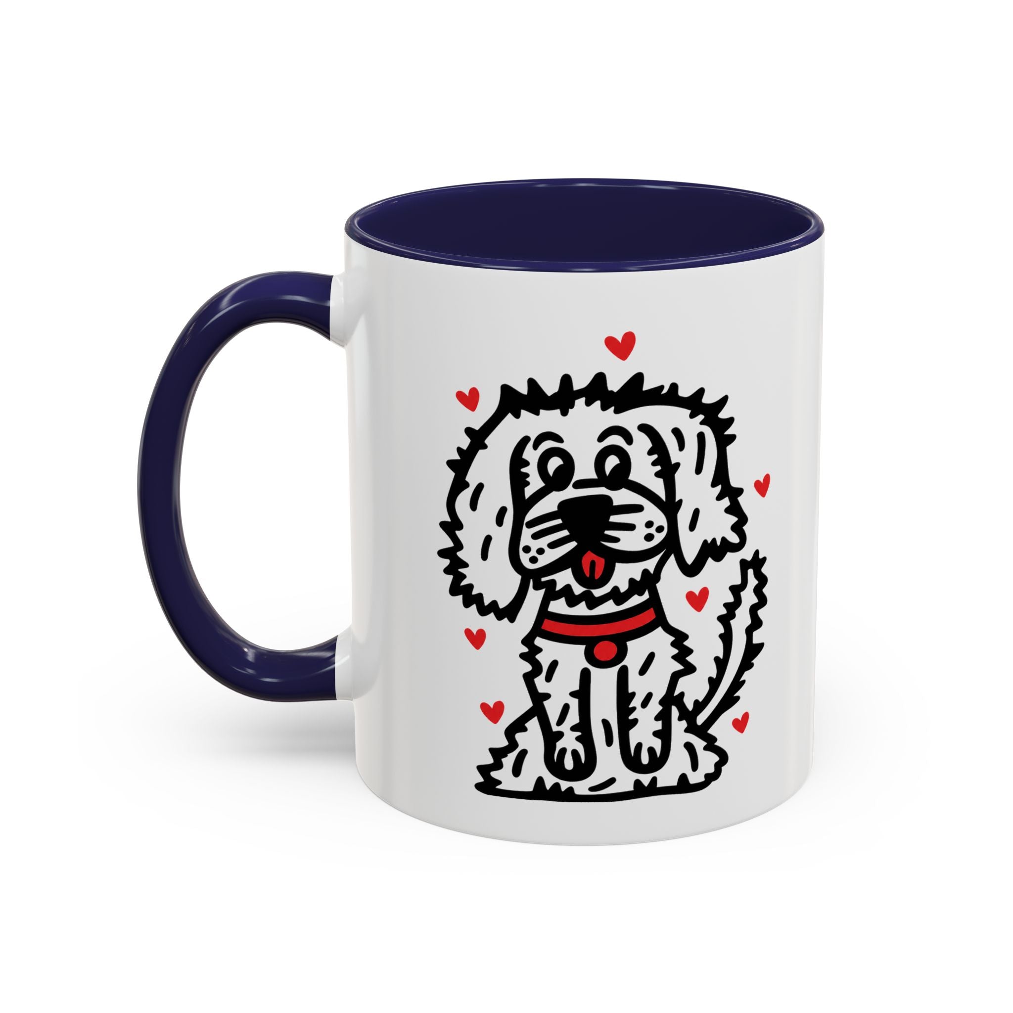 Hand-Drawn Fluffy Dog Red Collar Accent Coffee Mug | White Dog Illustration