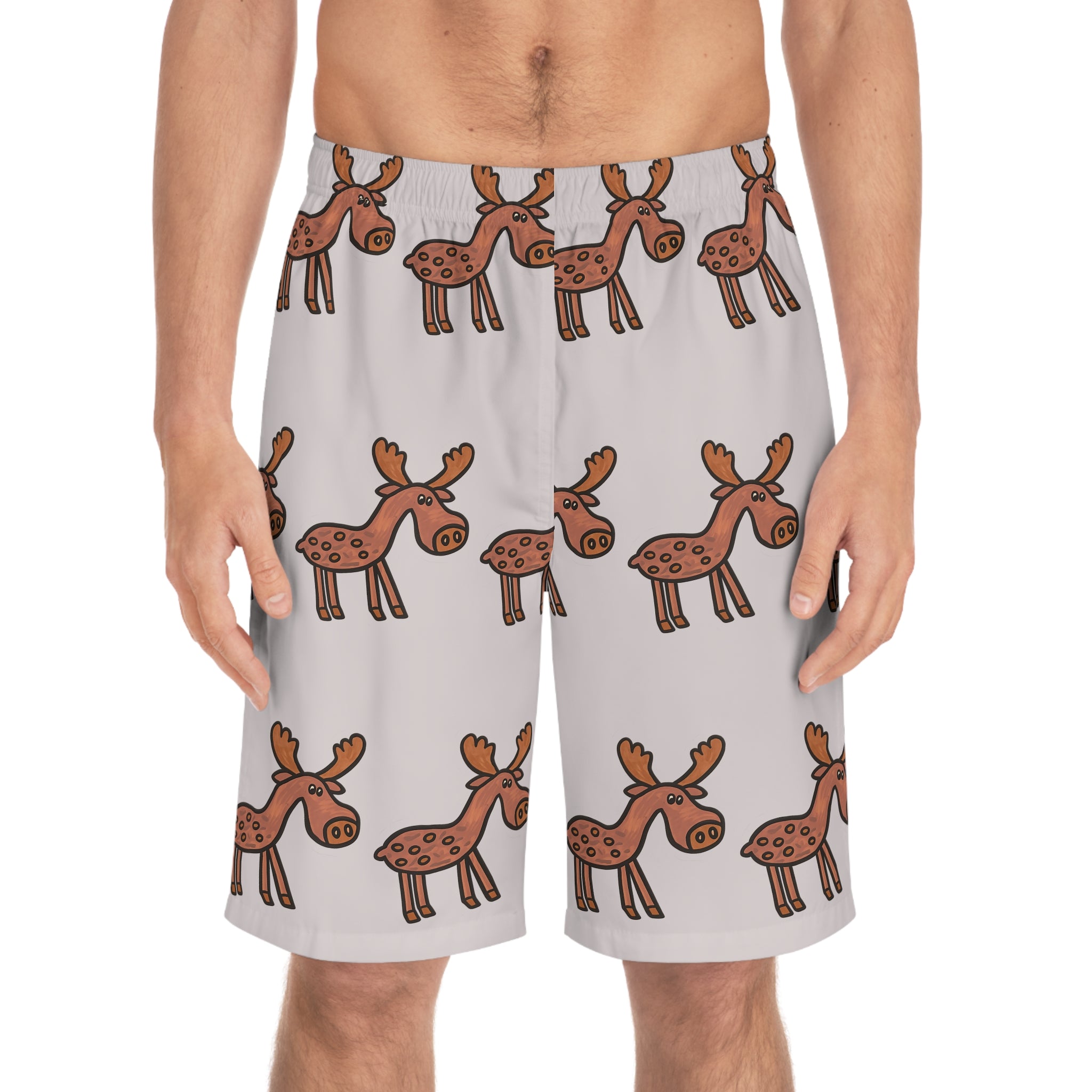 Hand-Drawn Cartoon Moose Pattern Board Shorts | Men's Swim Trunks, All-Over Print