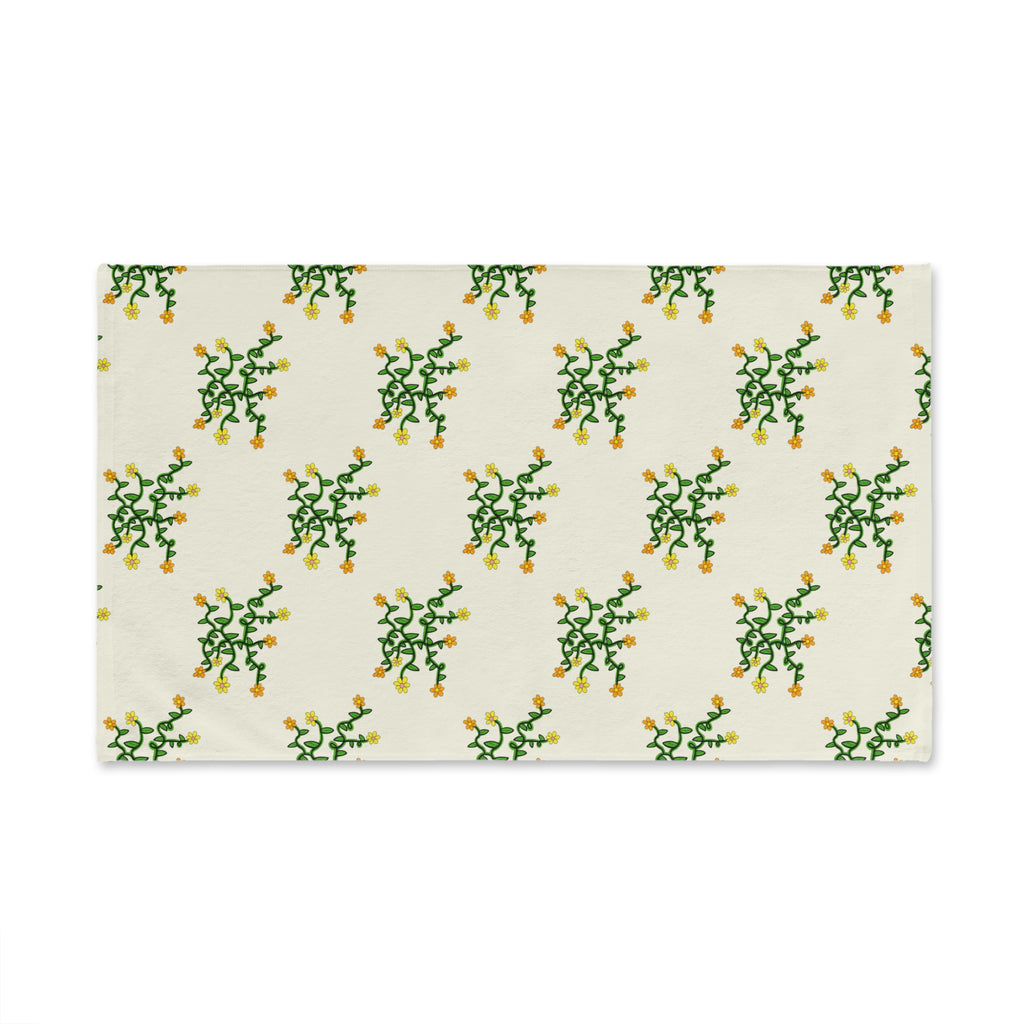 Hand-Drawn Yellow Orange and Pink Flowers on Green Vine Spring Hand Towel | Botanical Pattern, Kitchen Linen