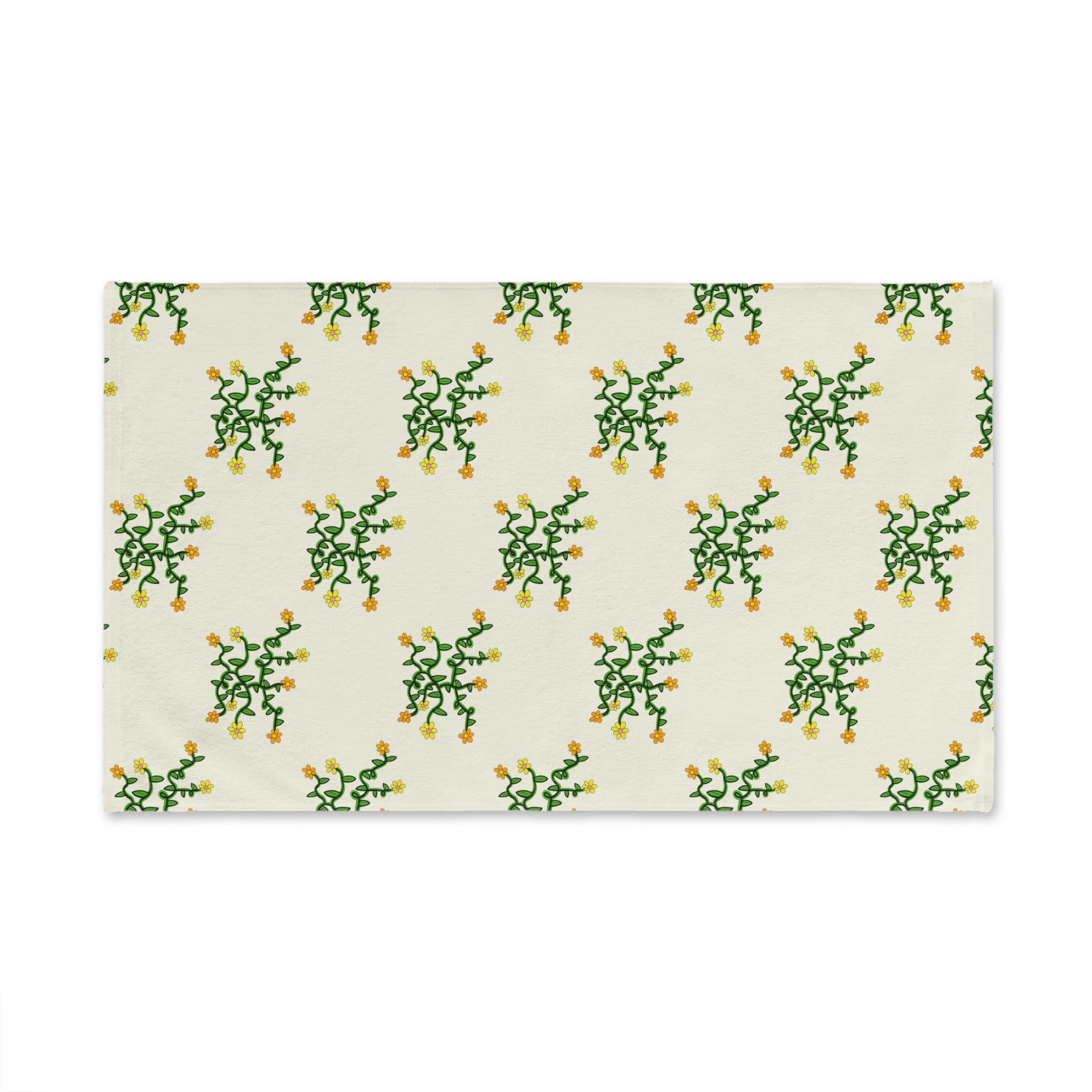 Hand-Drawn Yellow Orange and Pink Flowers on Green Vine Spring Hand Towel | Botanical Pattern, Kitchen Linen