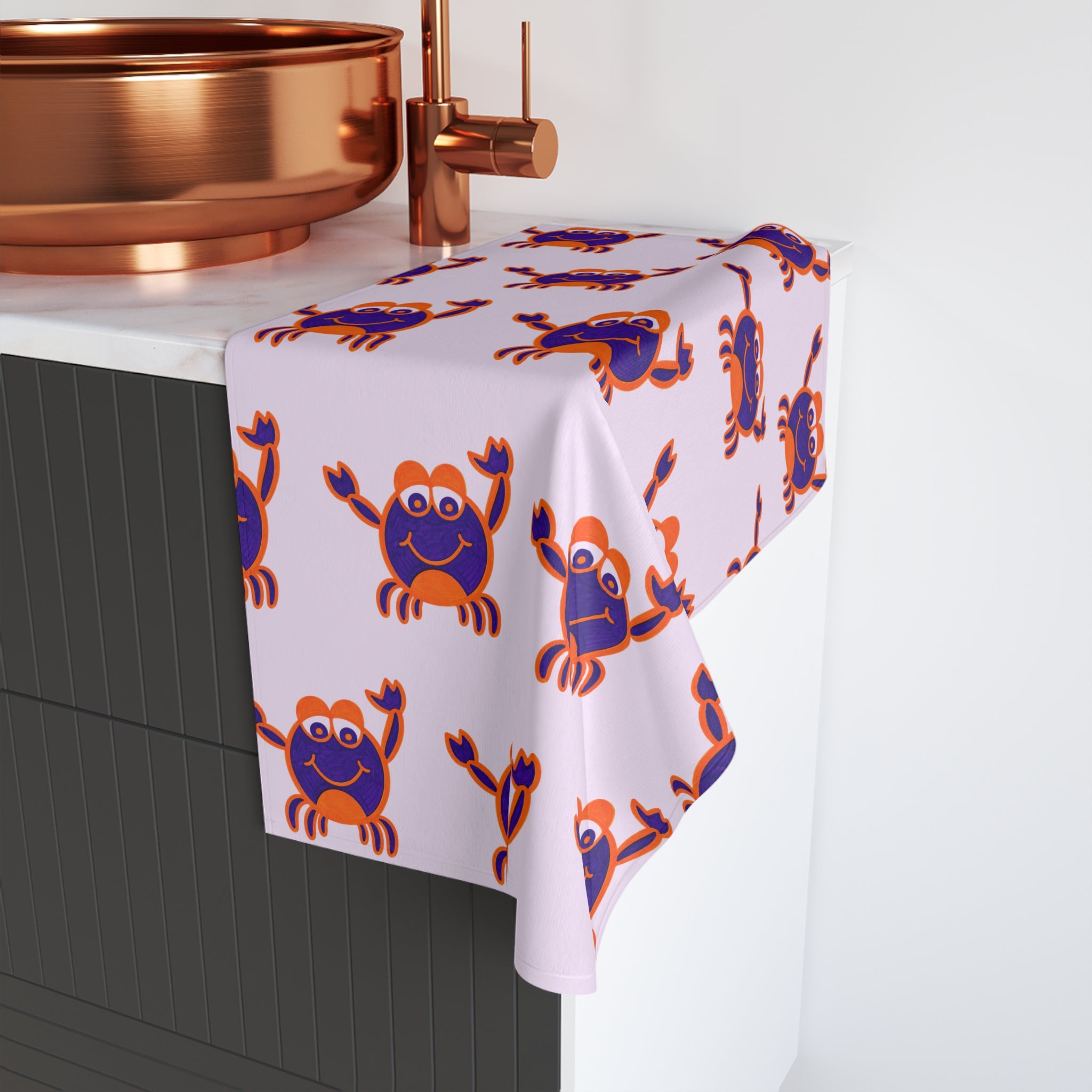 Hand-Drawn Cute Crab Hand Towel, Coastal Kitchen Decor, Whimsical Beach Bathroom Towel, Ocean Tea Towel, Nautical Gift