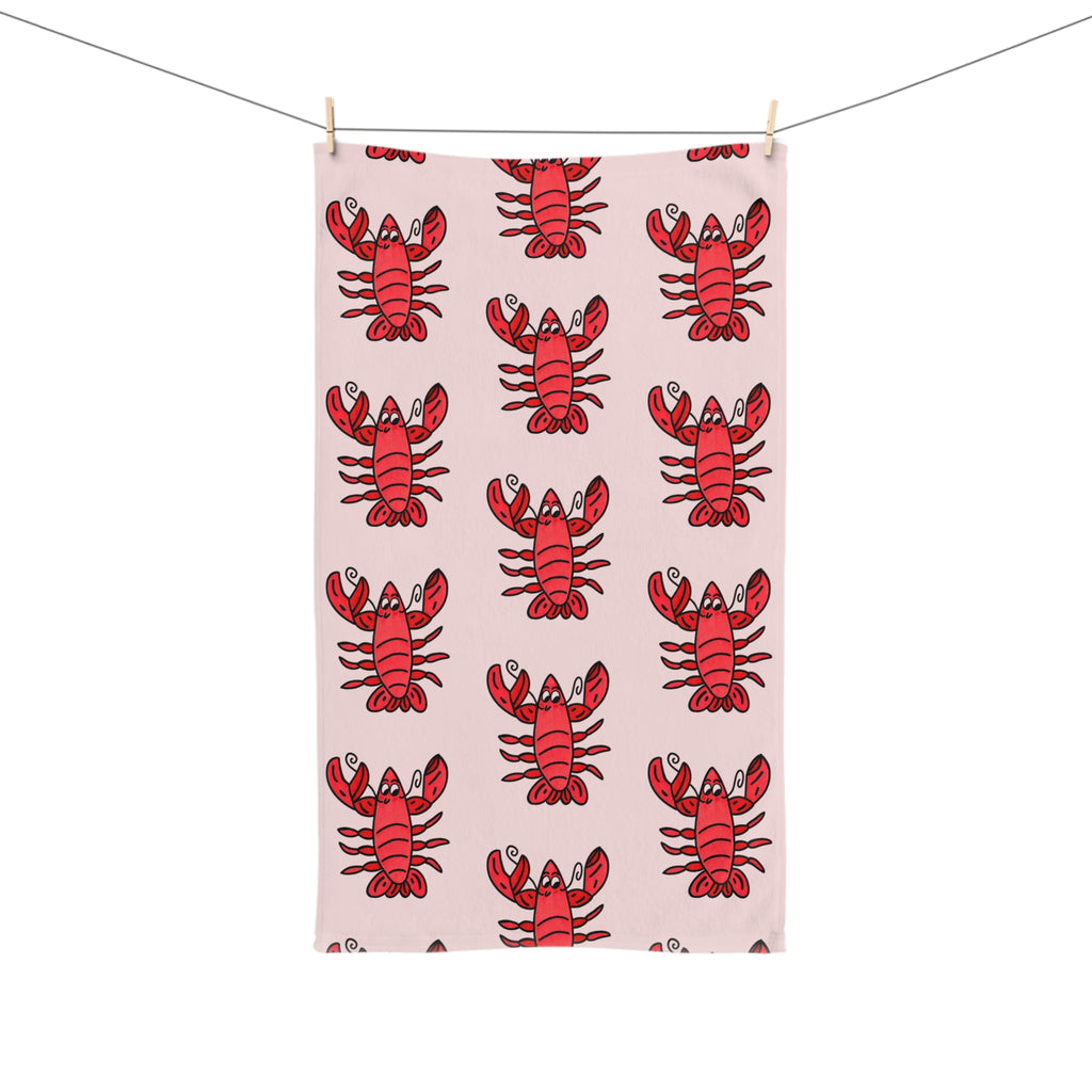 Hand-Drawn Red Lobster Pattern Hand Towel | Nautical Seafood Kitchen Towel