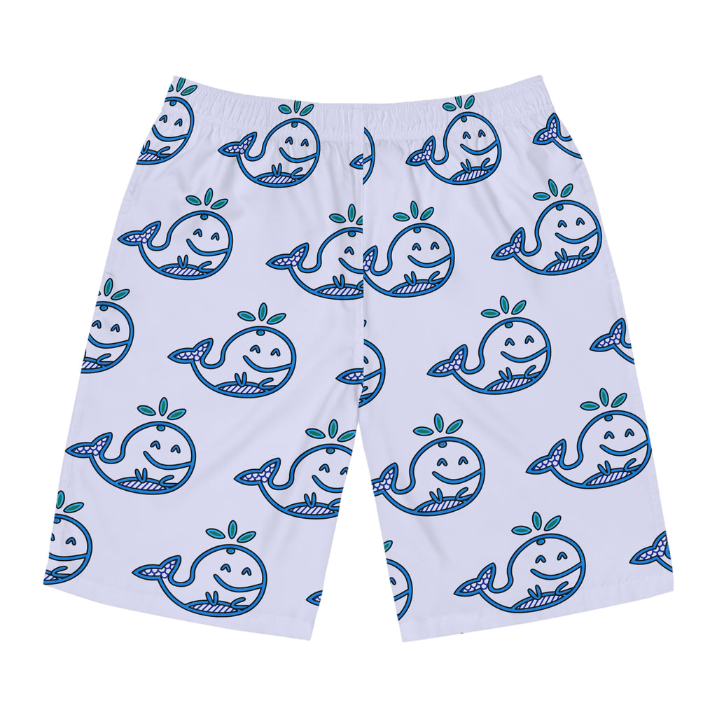 Hand-Drawn Smiling Whale Pattern Board Shorts | All-Over Print Swim Trunks