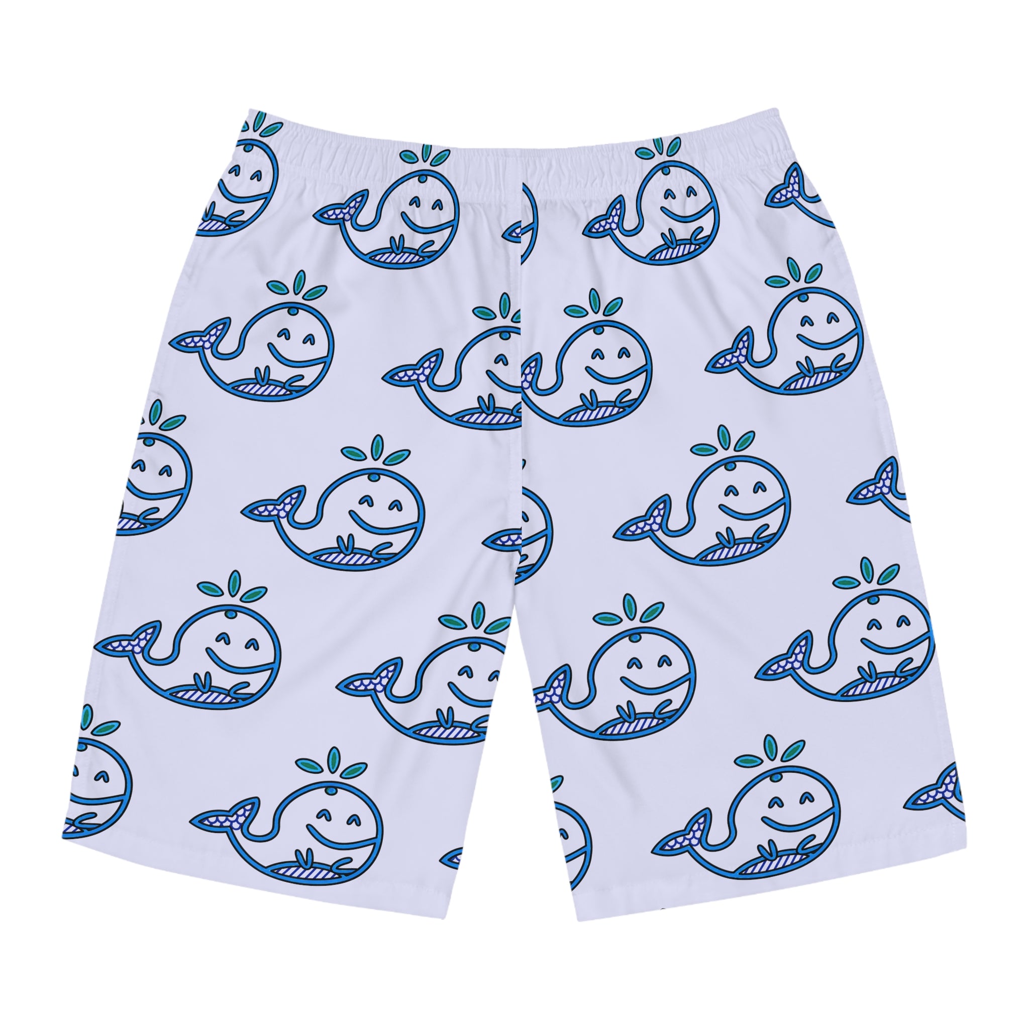Hand-Drawn Smiling Whale Pattern Board Shorts | All-Over Print Swim Trunks