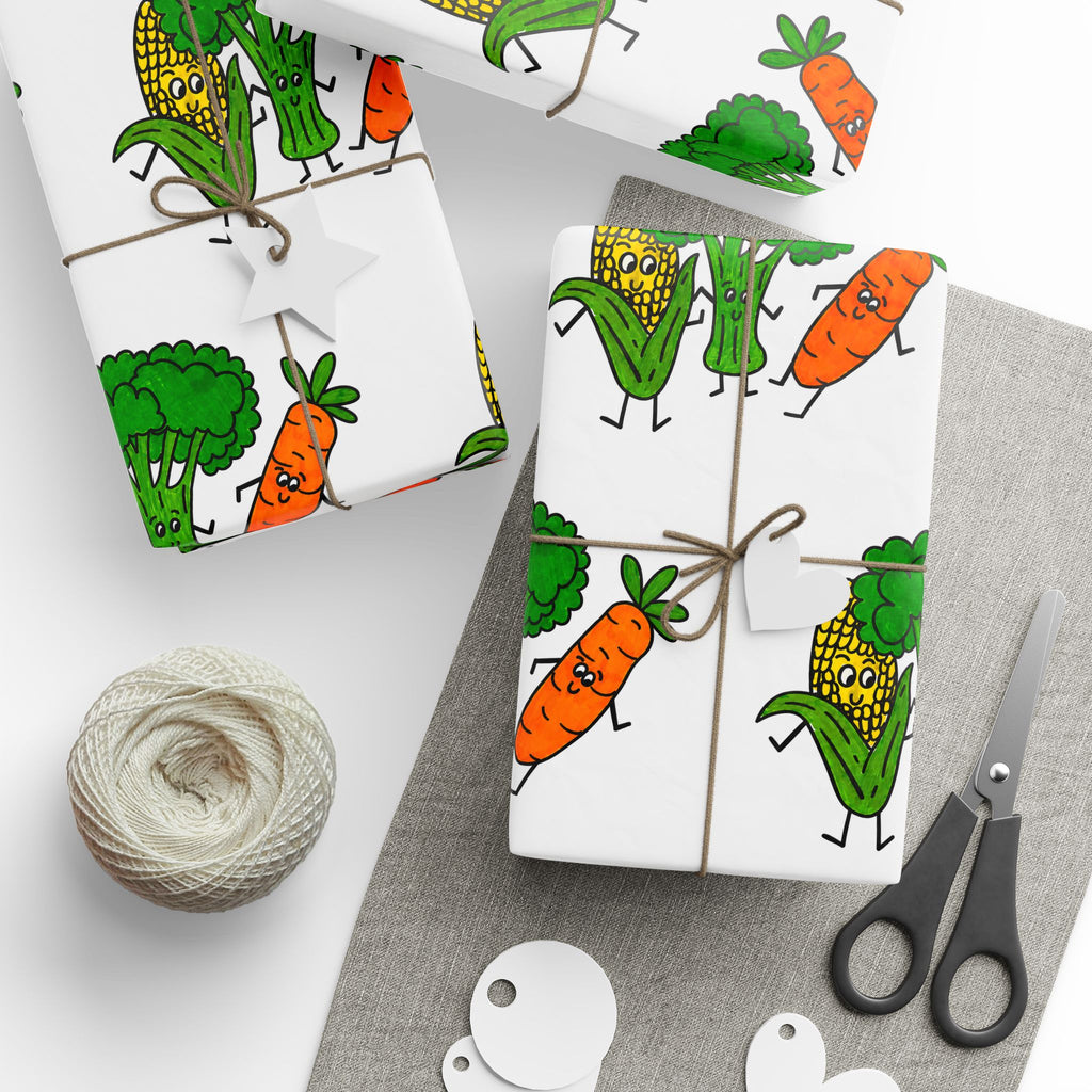 Hand-Drawn Happy Broccoli, Corn, and Carrot Pattern Wrapping Paper | Vegetable Gift Wrap
