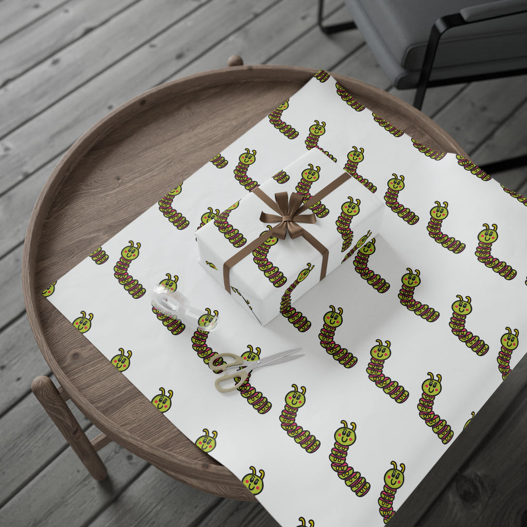 Hand-Drawn Green Cartoon Caterpillar Wrapping Paper | Repeating Bug Pattern