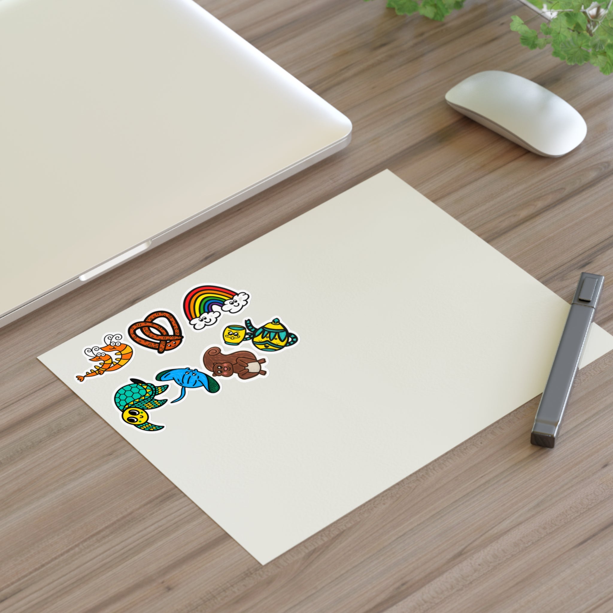 Cute Animal Rainbow Pretzel Sticker Sheet | Turtle, Shrimp, Stingray, Squirrel, and Teapot Set Stickers