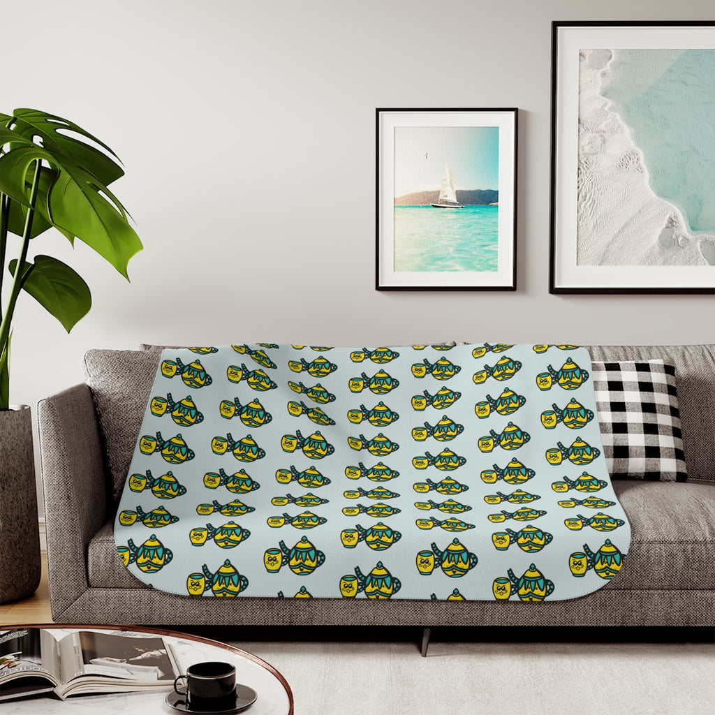 Hand-Drawn Teal and Yellow Teapot and Mug Pattern Sherpa Blanket | Repeating Cozy Tea party Print