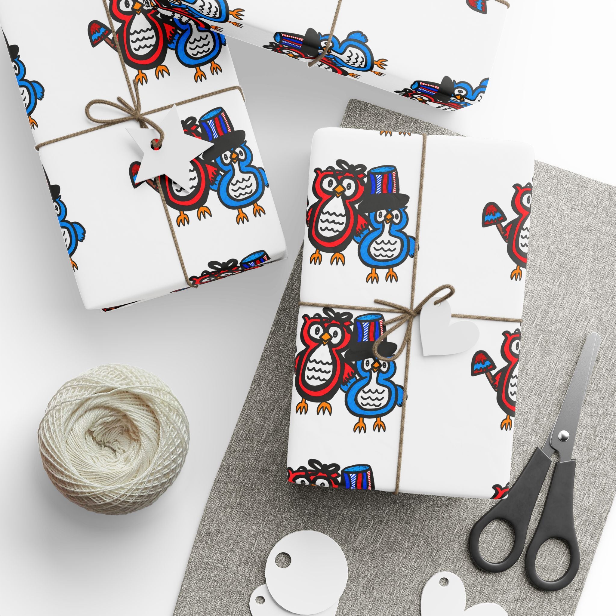 Hand-Drawn Patriotic Owls Pattern Wrapping Paper | Repeating Bird Print