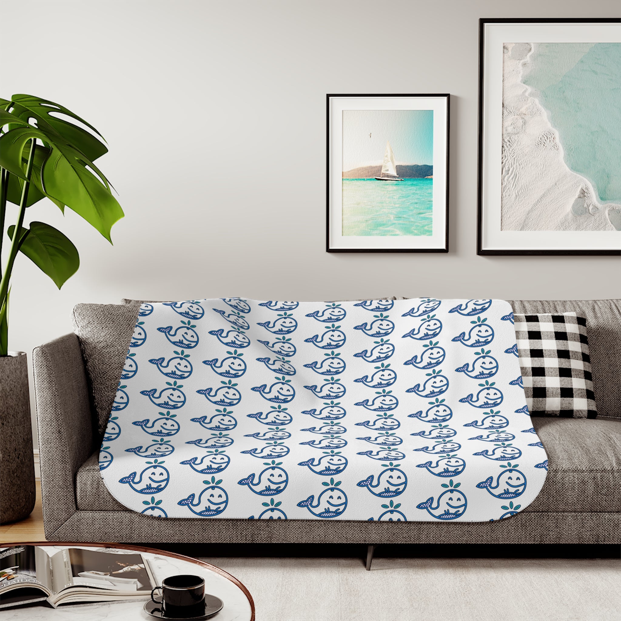 Hand-Drawn Blue Nautical Whale Pattern Sherpa Blanket | Cozy Ocean, Beach house Animal Throw