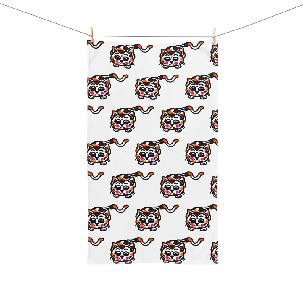 Hand-Drawn Cute Calico Cat Pattern Hand Towel | Cute Cat Face Repeat Design