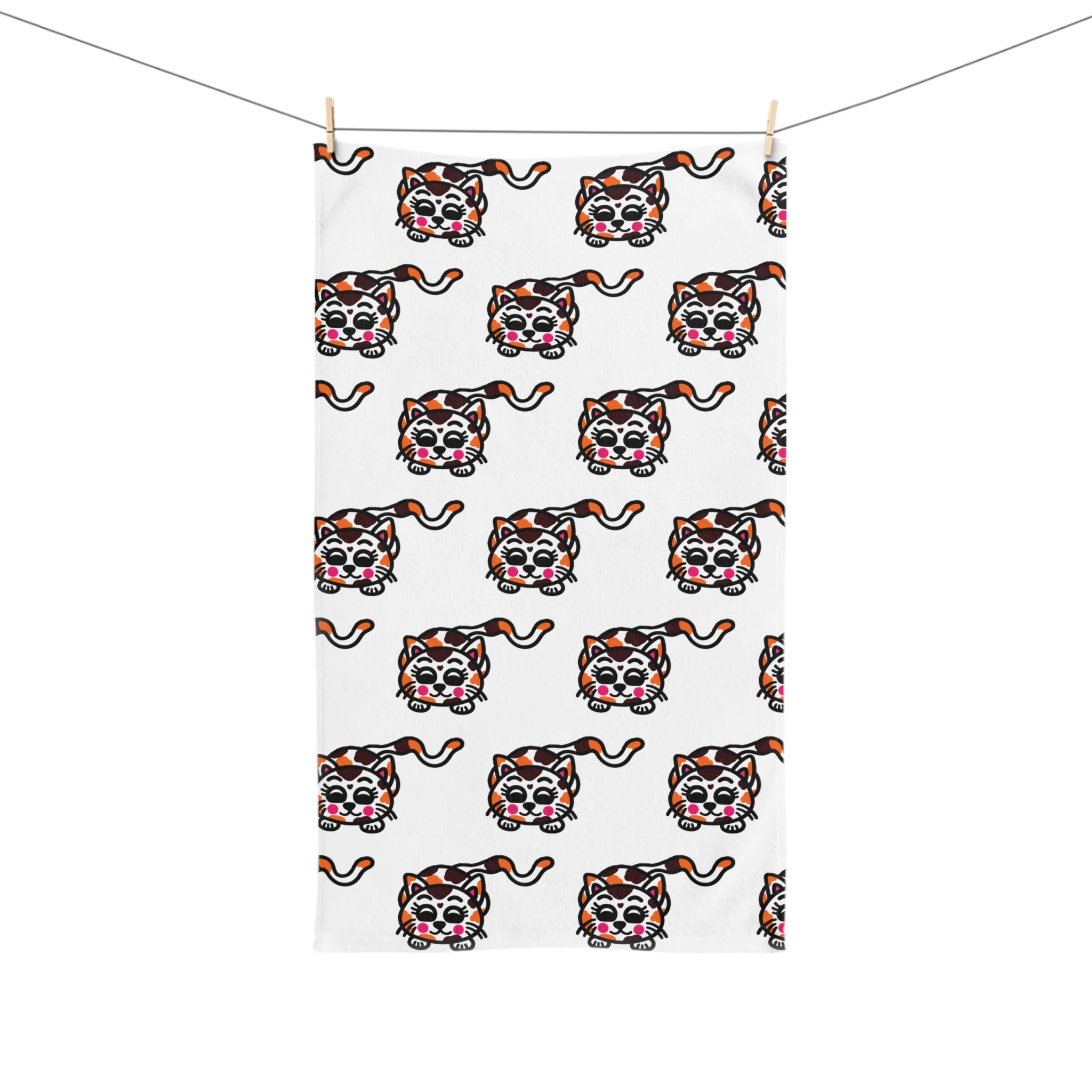 Hand-Drawn Cute Calico Cat Pattern Hand Towel | Cute Cat Face Repeat Design