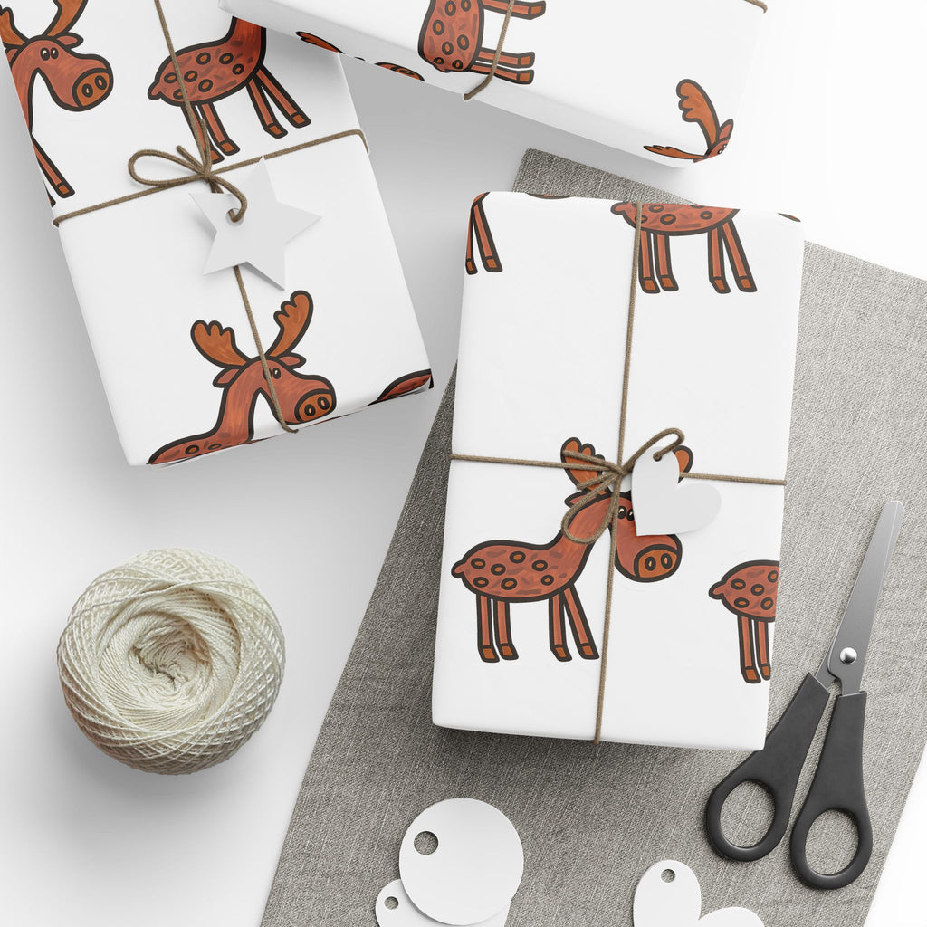Hand-Drawn Cute Moose Pattern Wrapping Paper | Repeating Cartoon Moose Holiday Wrap