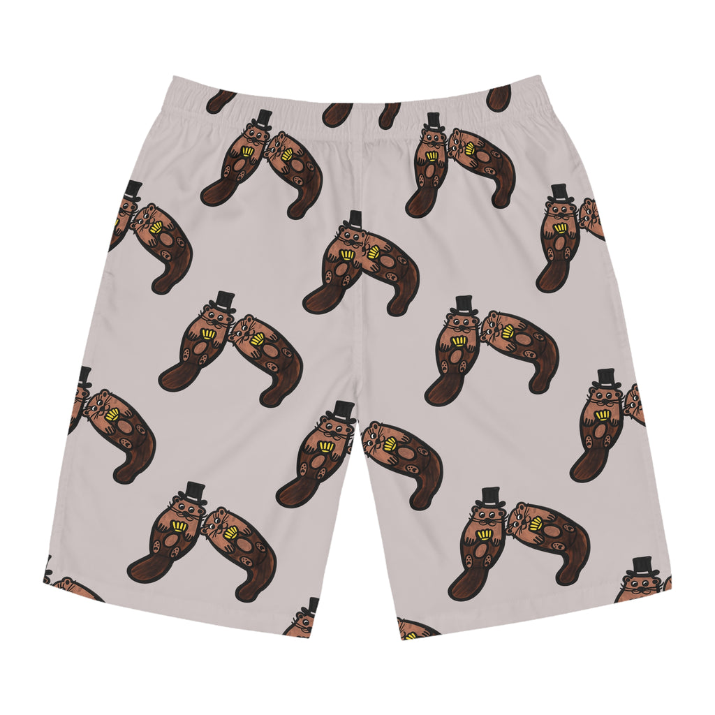 Hand-Drawn Otter Holding Yellow Seashell Pattern Board Shorts