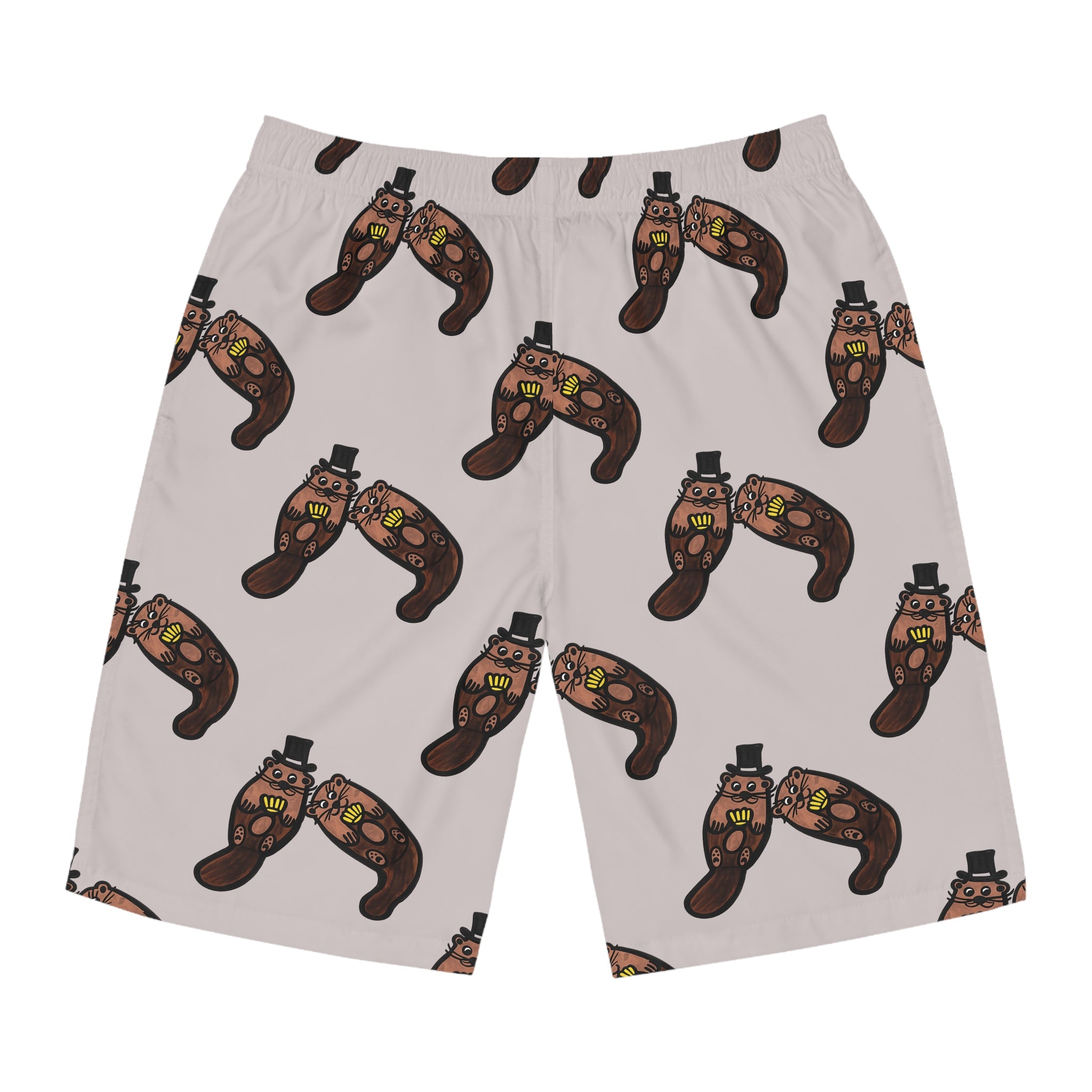 Hand-Drawn Otter Holding Yellow Seashell Pattern Board Shorts