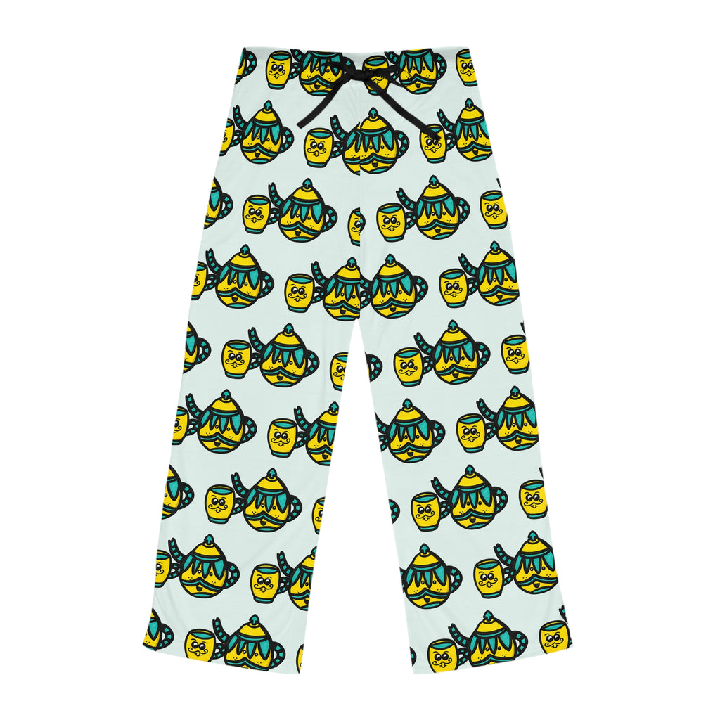 Hand-Drawn Yellow and Teal Mustache Teapot and Cup Pattern Pajama Pants | Cute All-Over Print