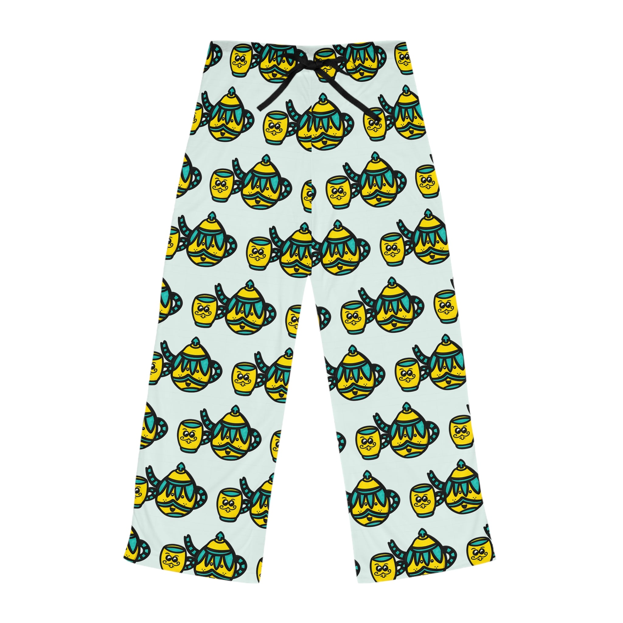 Hand-Drawn Yellow and Teal Mustache Teapot and Cup Pattern Pajama Pants | Cute All-Over Print