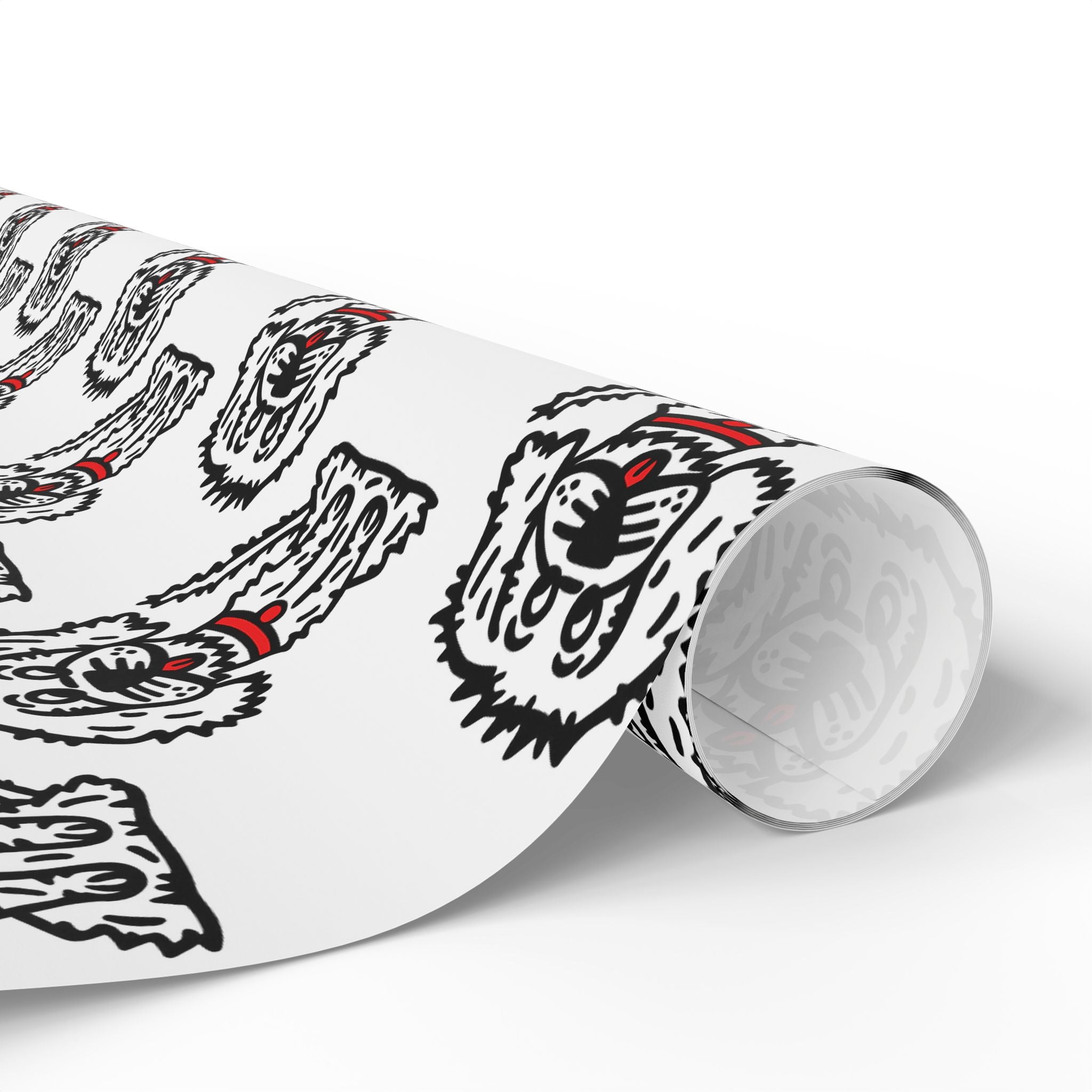 Hand-Drawn White Fluffy Dog Wrapping Paper | Red Collar