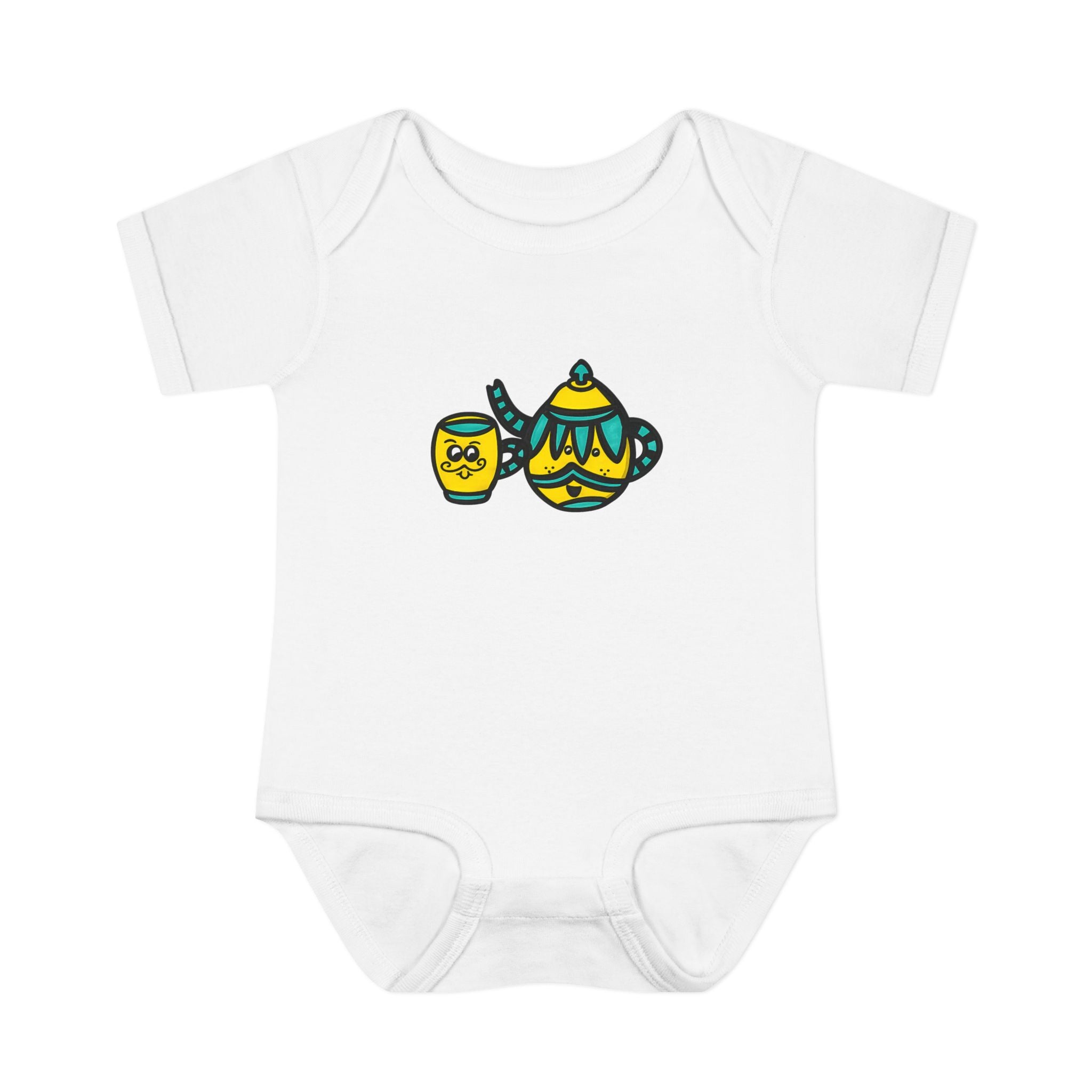 Hand-Drawn Yellow and Teal Teapot and Mustache Cup Baby Bodysuit | Cute Teatime Infant Onesie
