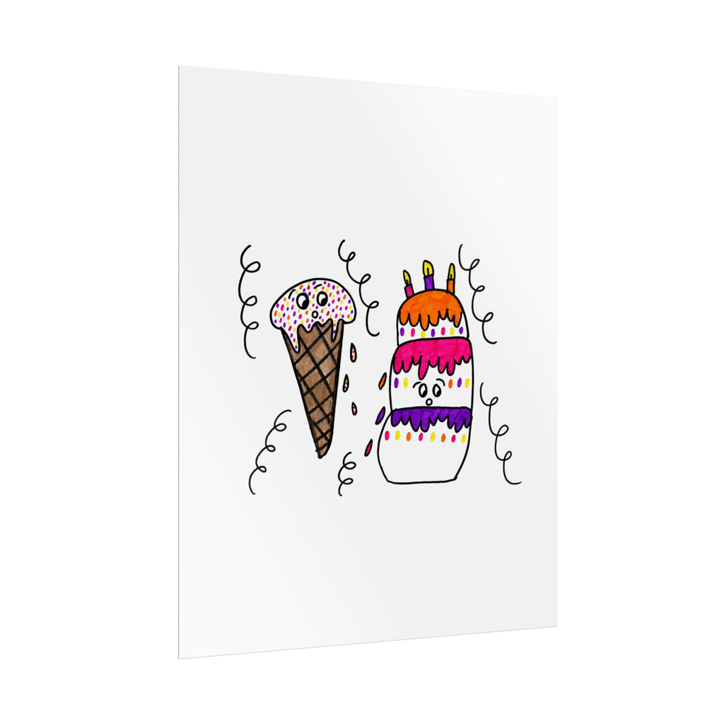 Hand-Drawn Ice Cream Cone and Birthday Cake Poster | Rolled Poster, Cute Dessert Art