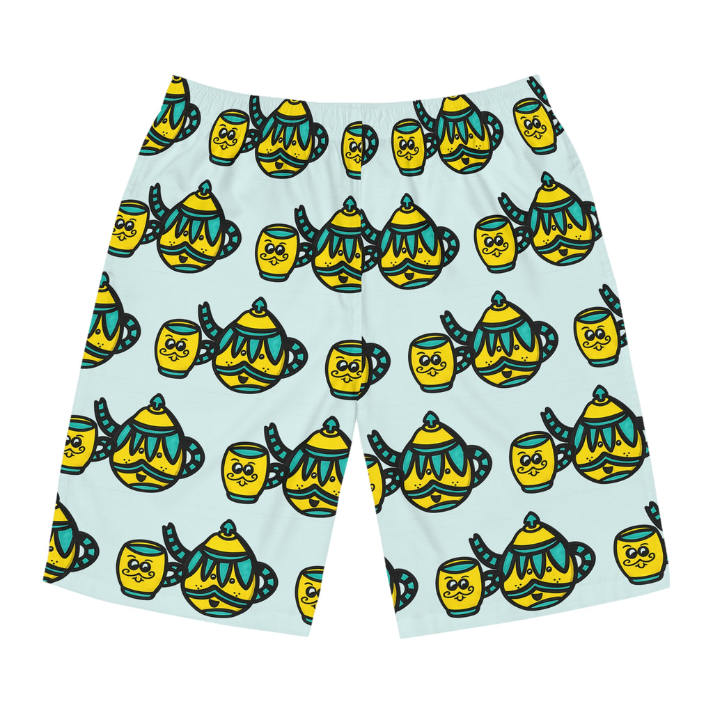 Hand-Drawn Yellow and Teal Cute Mustache Teapot and Mug Pattern Board Shorts | Charming All-Over Print