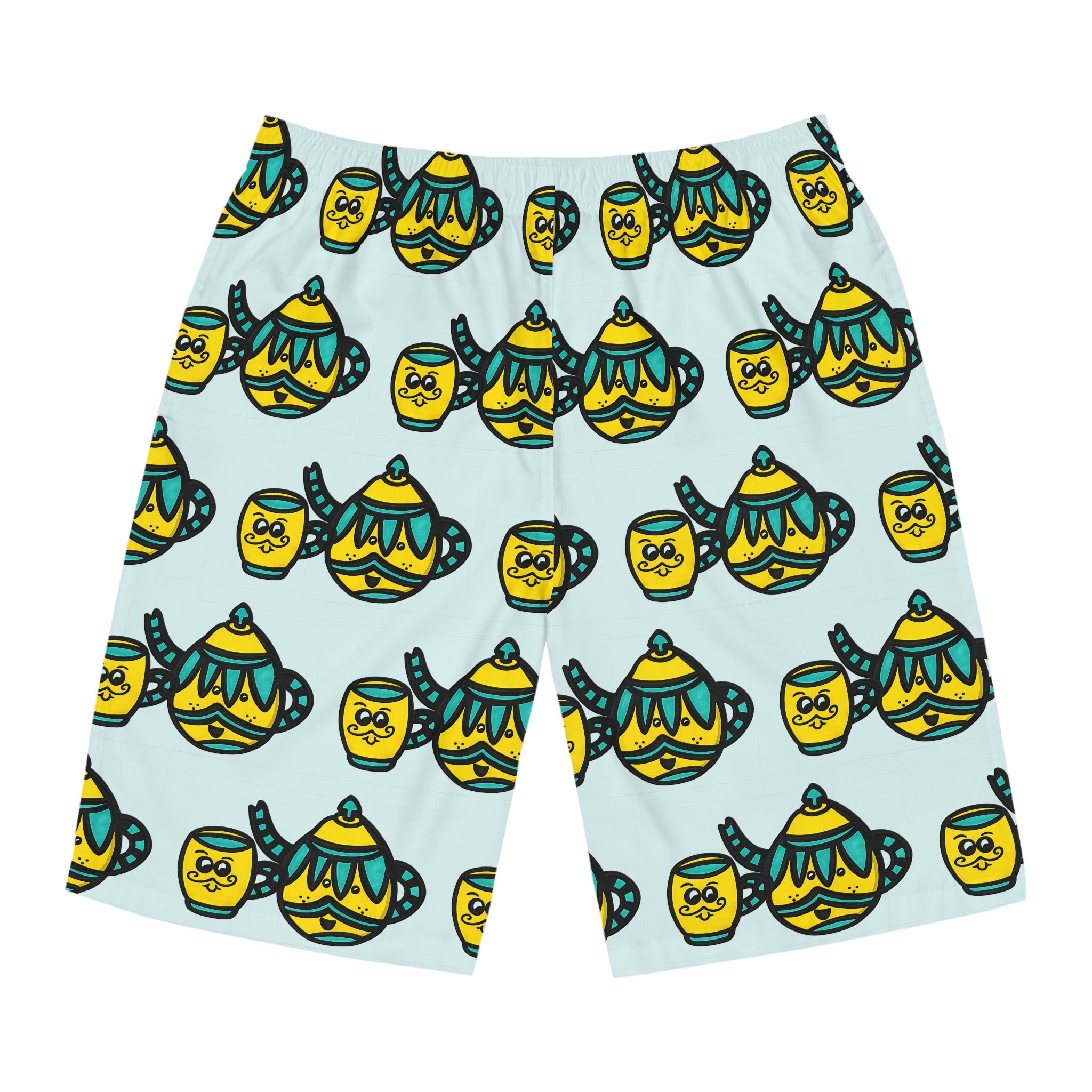 Hand-Drawn Yellow and Teal Cute Mustache Teapot and Mug Pattern Board Shorts | Charming All-Over Print