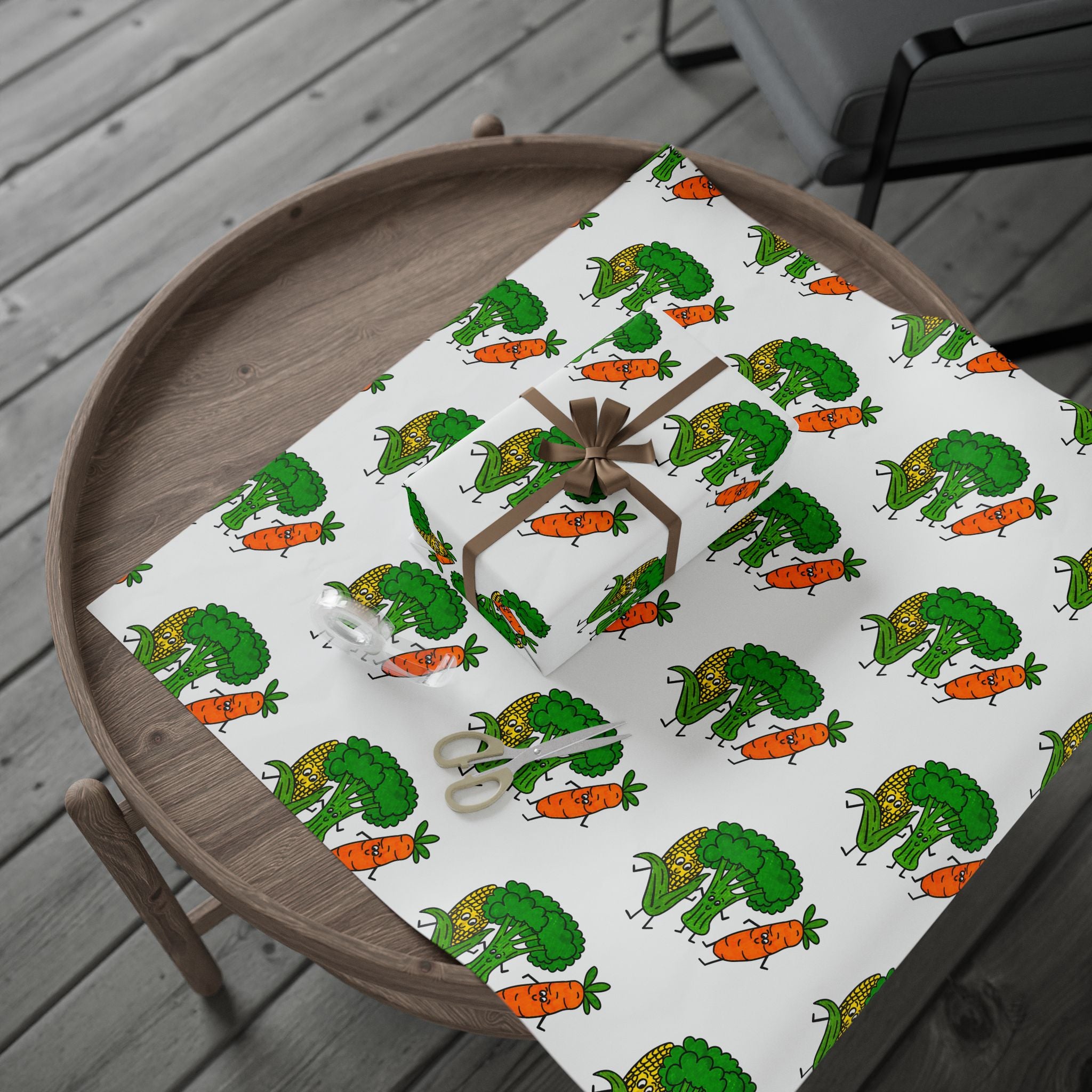 Hand-Drawn Happy Broccoli, Corn, and Carrot Pattern Wrapping Paper | Vegetable Gift Wrap