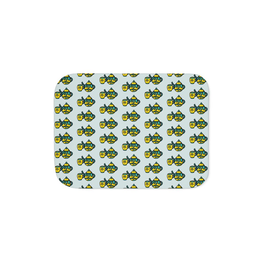 Hand-Drawn Teal and Yellow Teapot and Mug Pattern Sherpa Blanket | Repeating Cozy Tea party Print