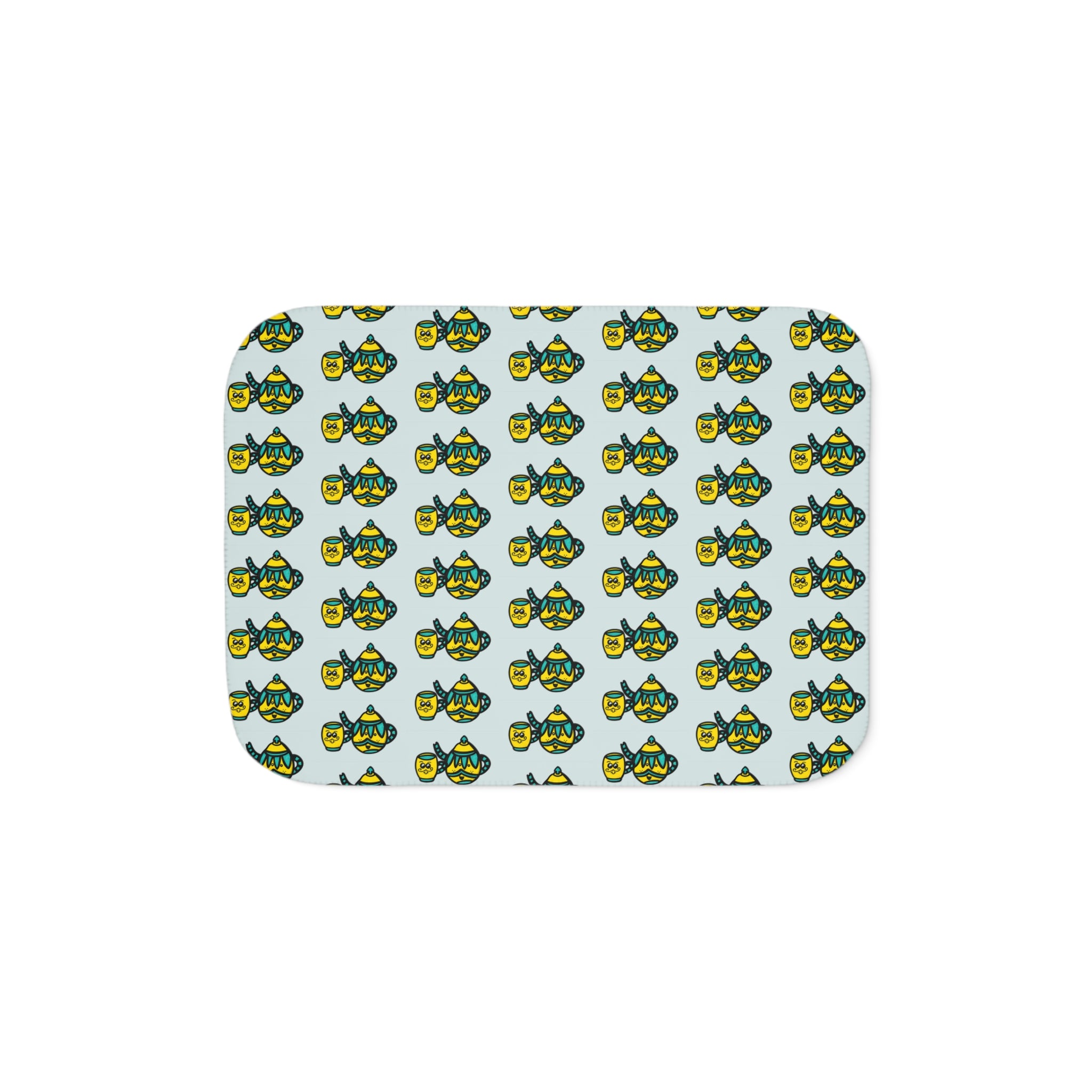 Hand-Drawn Teal and Yellow Teapot and Mug Pattern Sherpa Blanket | Repeating Cozy Tea party Print
