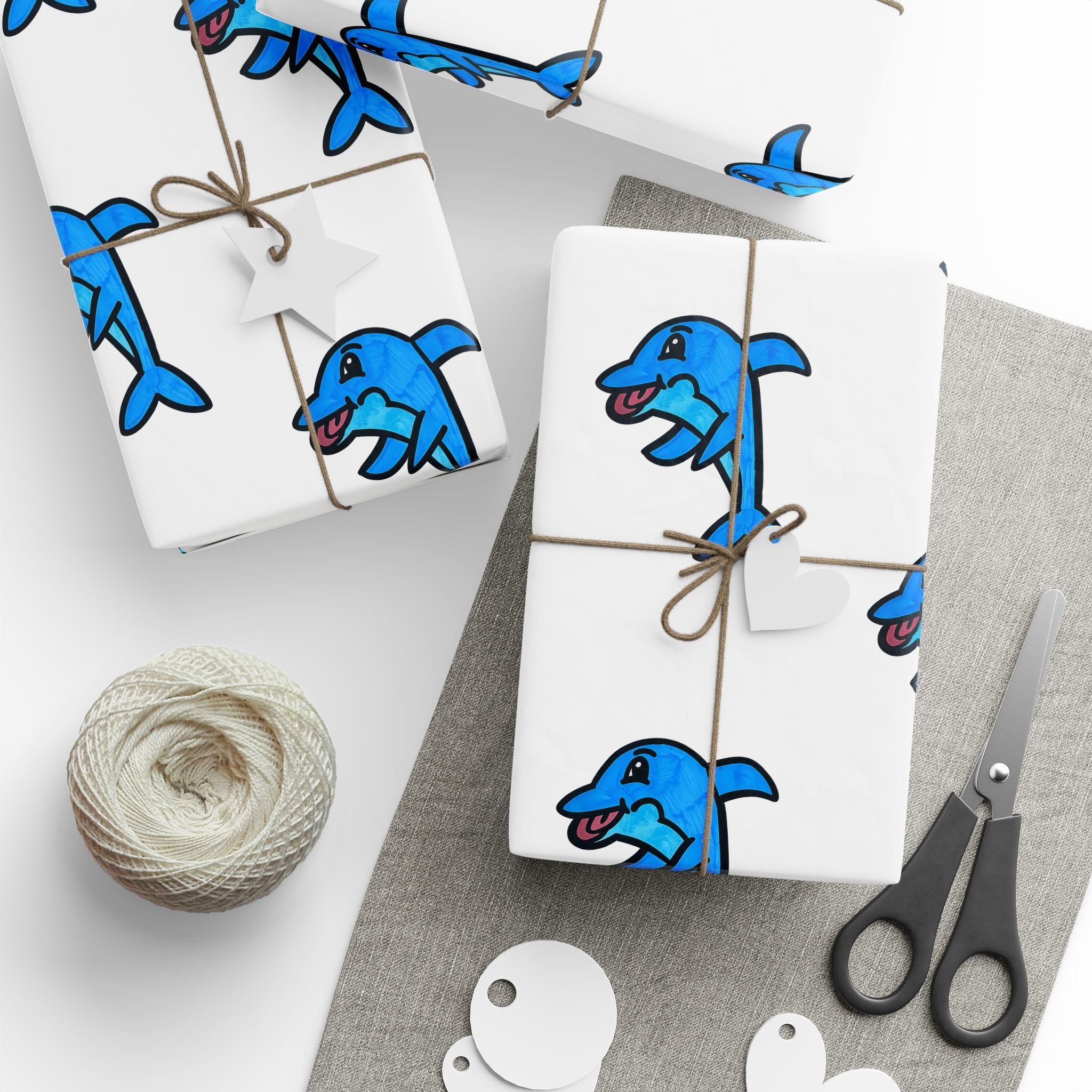 Hand-Drawn Blue Cartoon Dolphin Wrapping Paper | Ocean Sea Animal Pattern