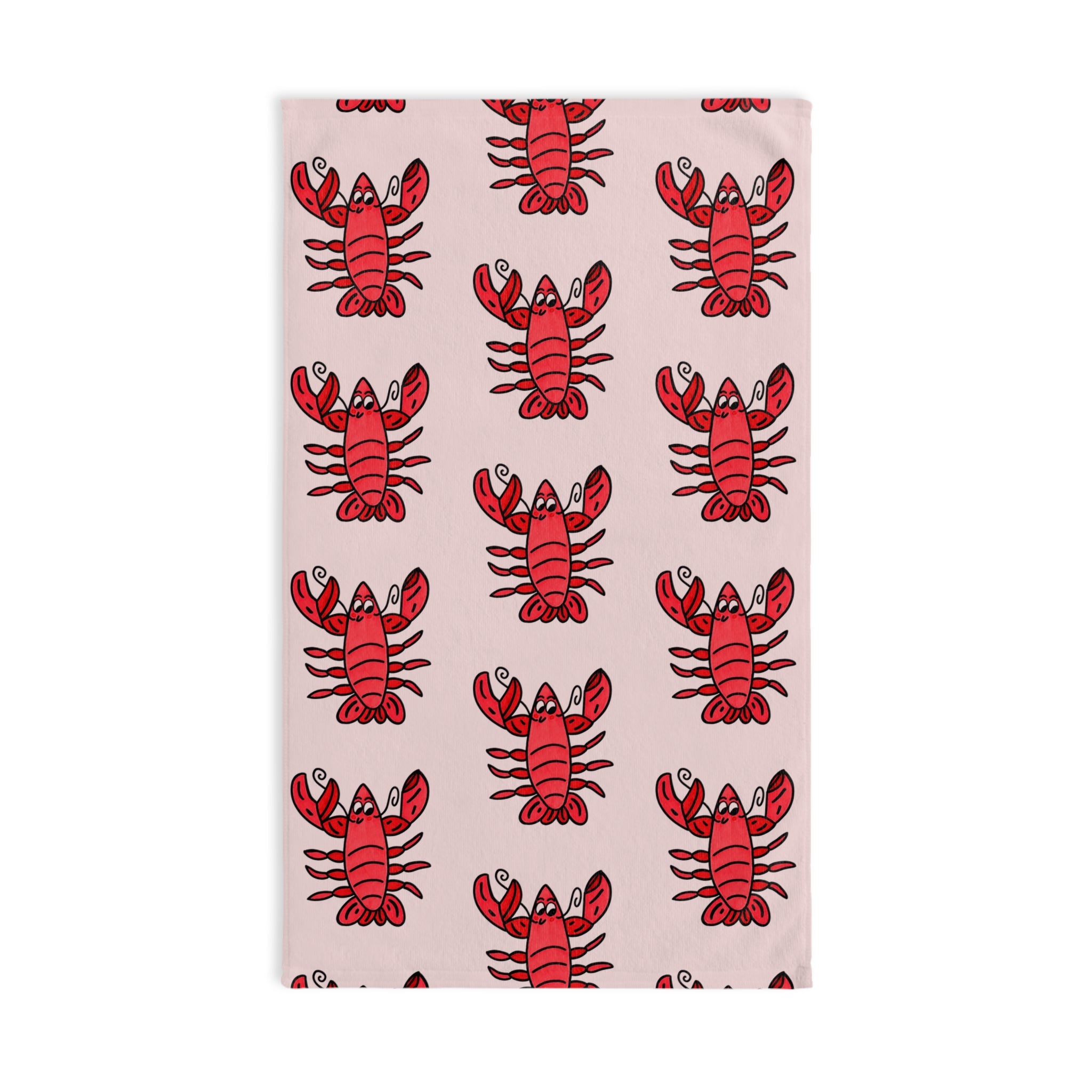 Hand-Drawn Red Lobster Pattern Hand Towel | Nautical Seafood Kitchen Towel