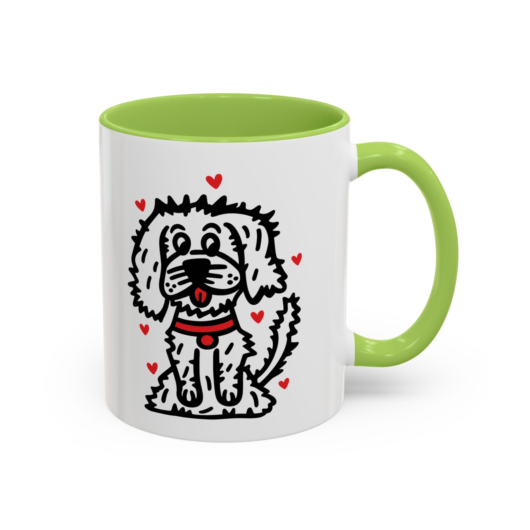 Hand-Drawn Fluffy Dog Red Collar Accent Coffee Mug | White Dog Illustration