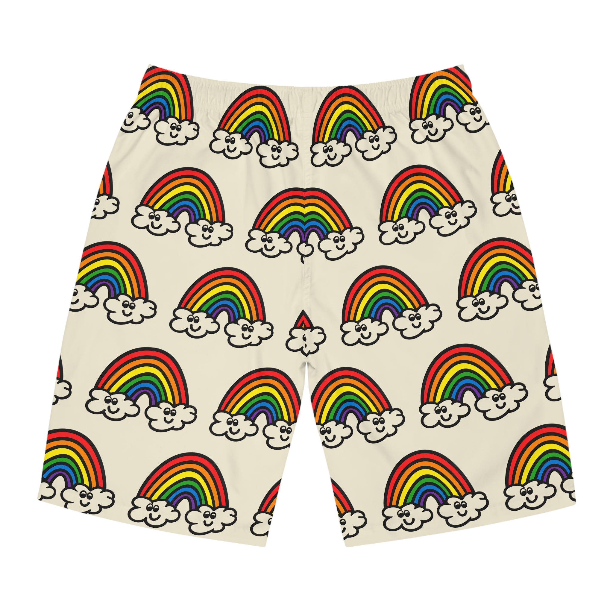 Hand-Drawn Smiling Rainbow Pattern Board Shorts | All-Over Print
