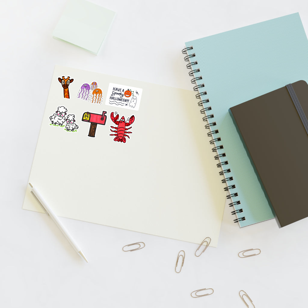 Hand-Drawn Cute Character and Designs Doodle Sticker Sheets | Spooky Ghosts, Lobster, Giraffe, Mailbox, Lamb Duo, and Jellyfish