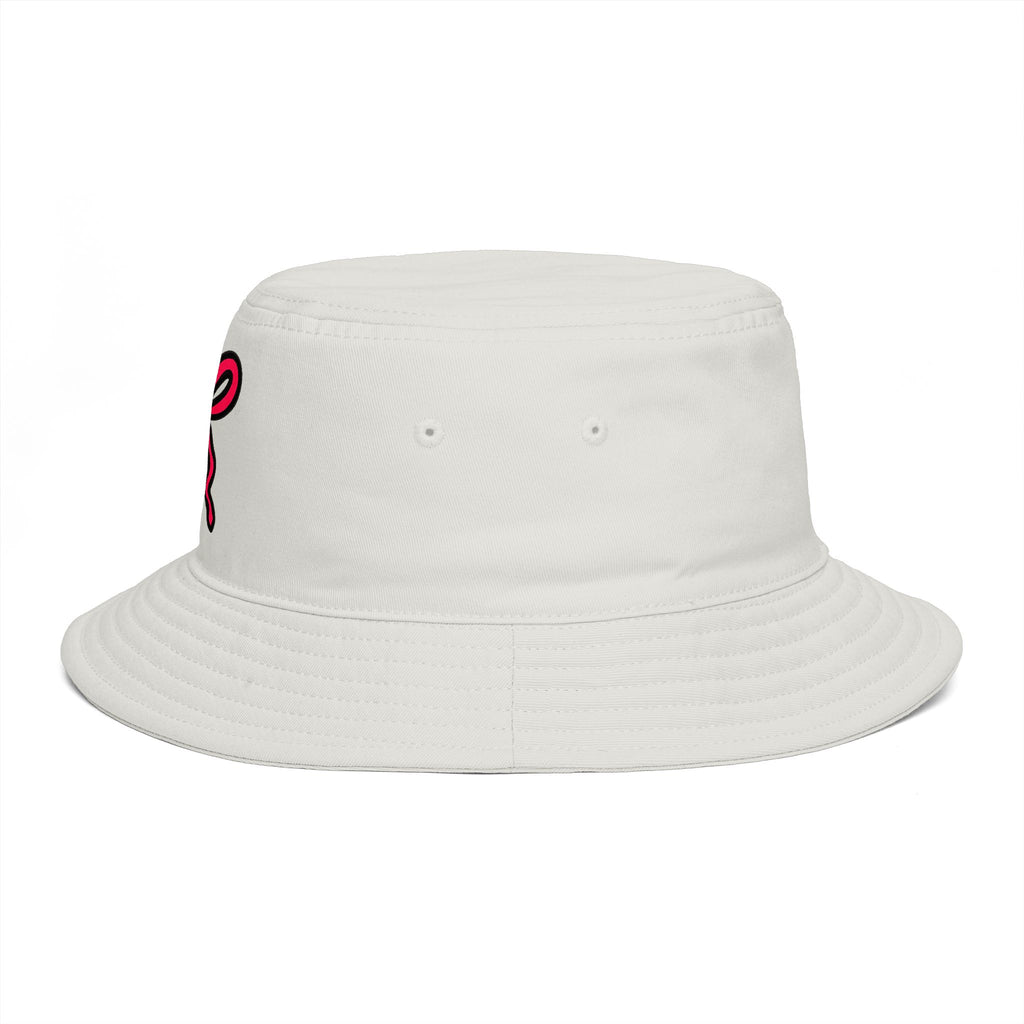 Hand-Drawn Pink Ribbon Bunny Logo Bucket Hat | Cute Minimal Bow Hat