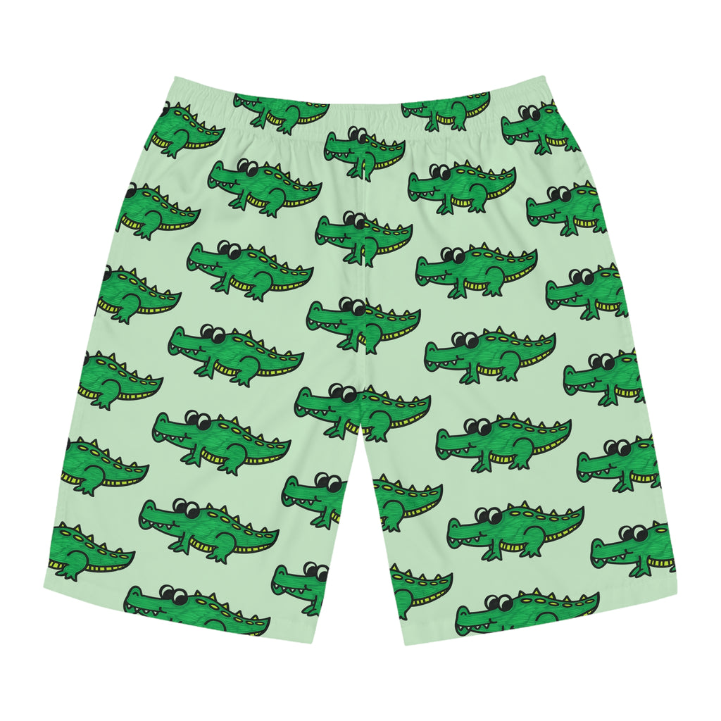 Hand-Drawn Cartoon Alligator Pattern Board Shorts | Green Crocodile Swim Trunks