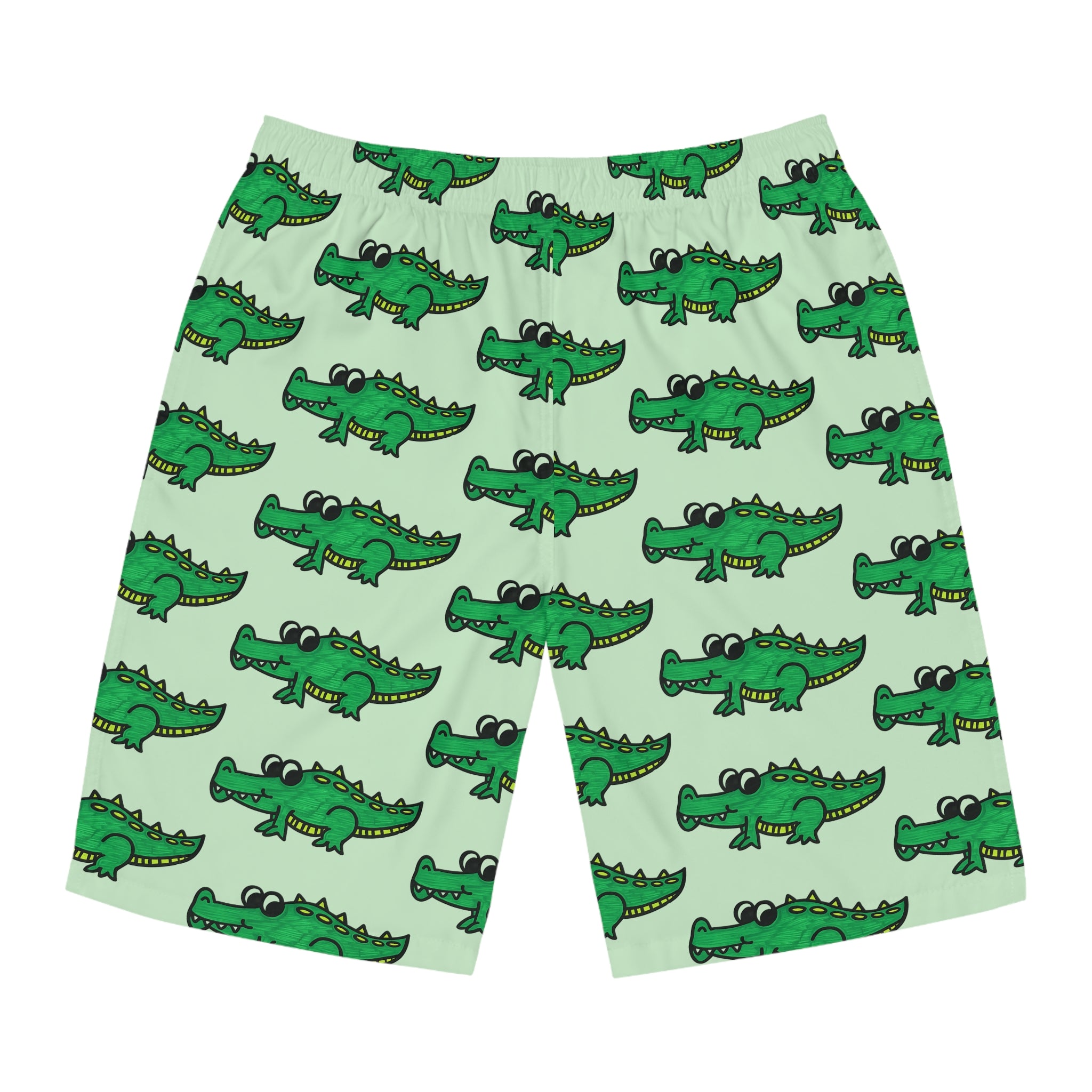 Hand-Drawn Cartoon Alligator Pattern Board Shorts | Green Crocodile Swim Trunks