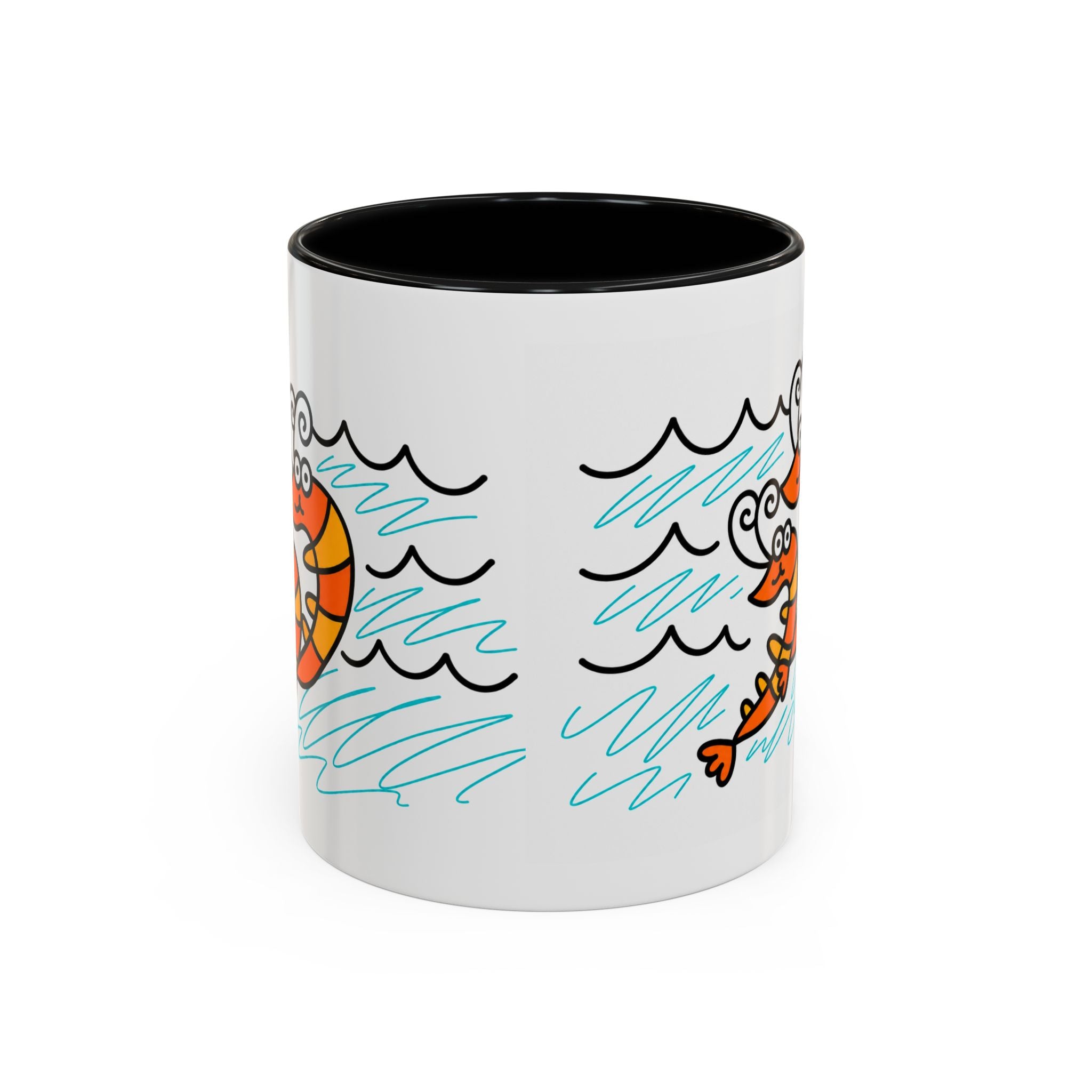 Hand-Drawn Two Shrimp Ocean Waves Mug | Coastal Seafood Ceramic Coffee Mug
