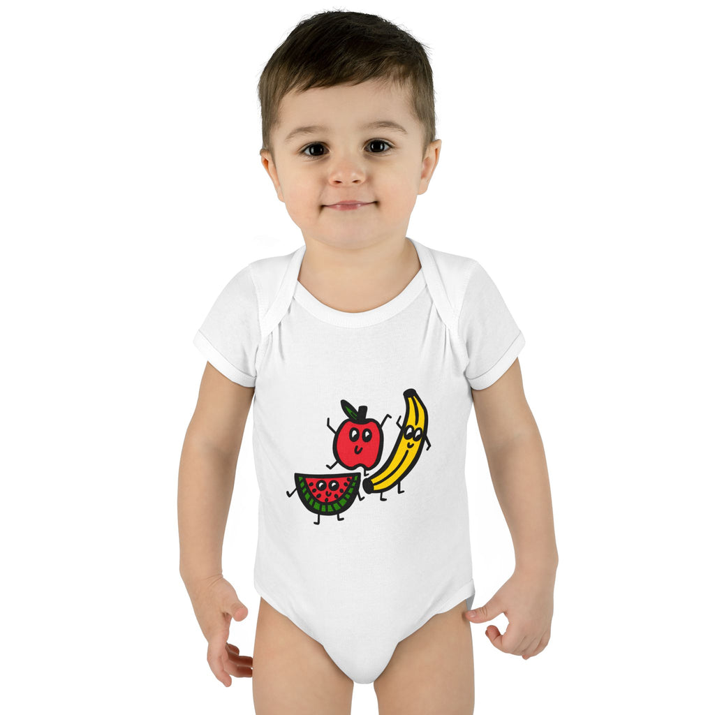 Hand-Drawn Cute Cartoon Fruit Trio Onesie | Apple Banana Watermelon Baby Bodysuit